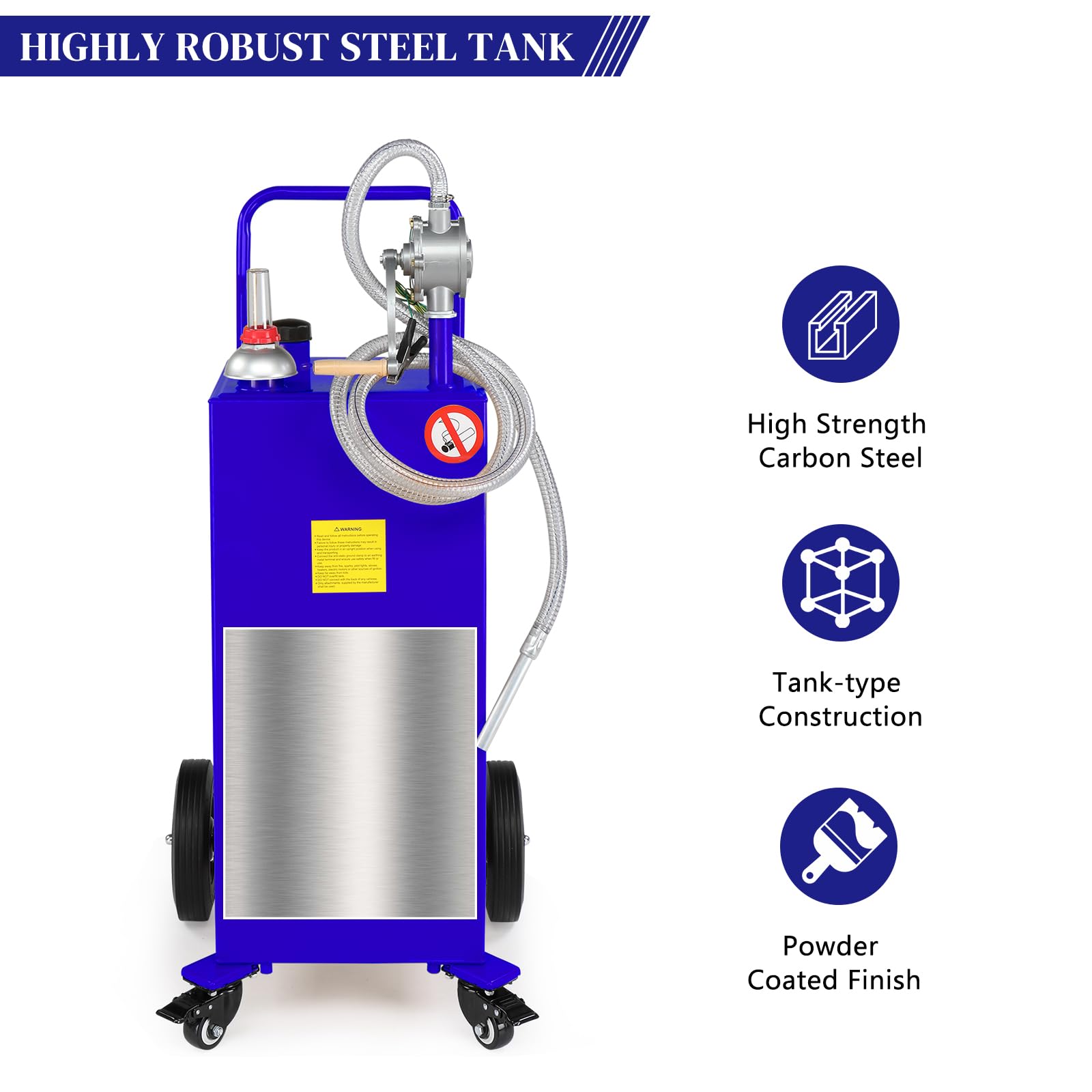 30 Gallon Gas Caddy Tank - Portable Fuel Storage Can for Diesel, Kerosene & Oil Transfer with Auto Rotary Pump & Flat-Free Solid Rubber Wheels - Ideal for Boats, ATVs, Cars, Motorcycles, RV & Farm Equipment (Blue)