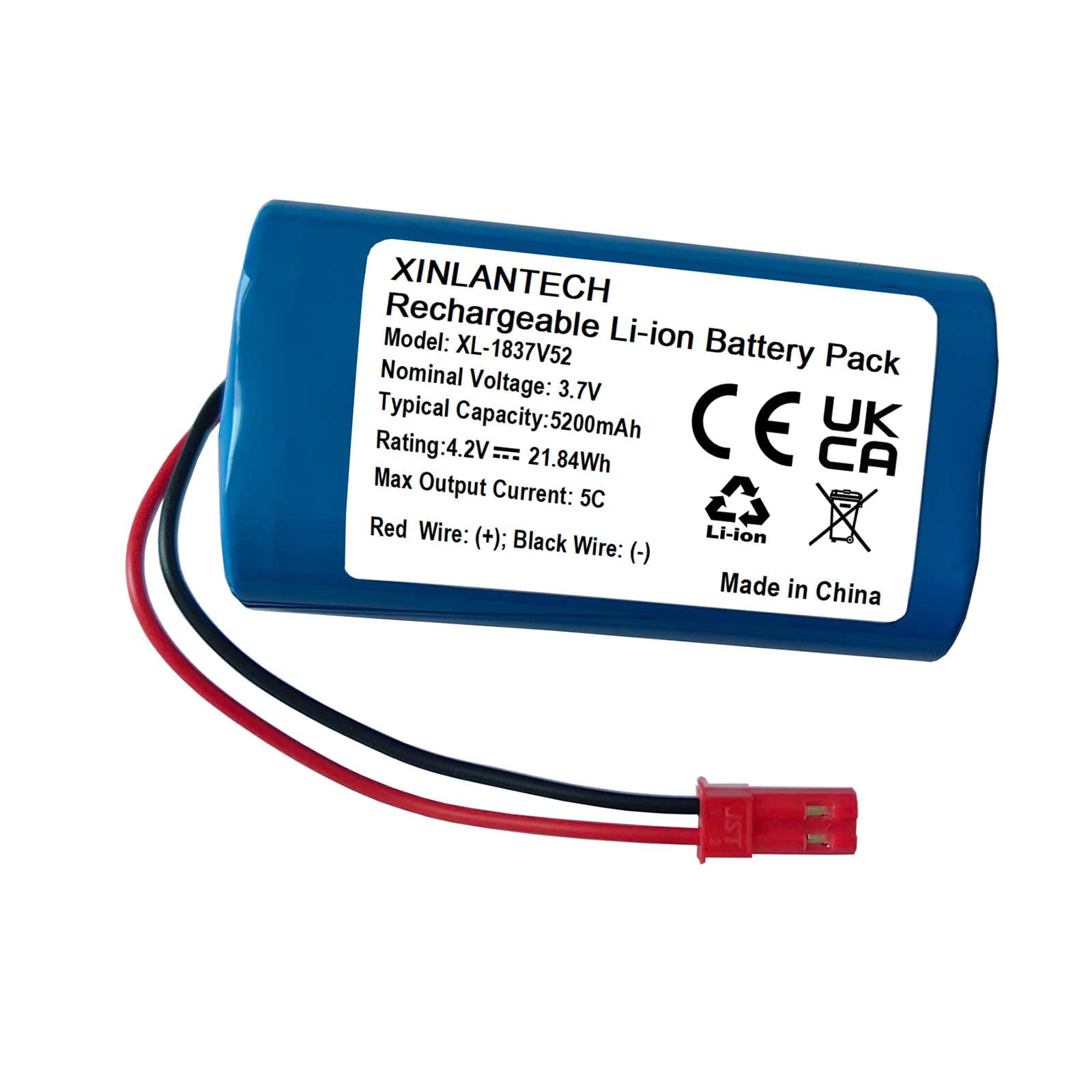 5200mAh 3.7V Rechargeable Li-ion Battery Pack with JST-2Pin Connector - 18650 1S2P DIY Battery for RC Cars, Drones & Power Tools - High Performance 5C Continuous Discharge