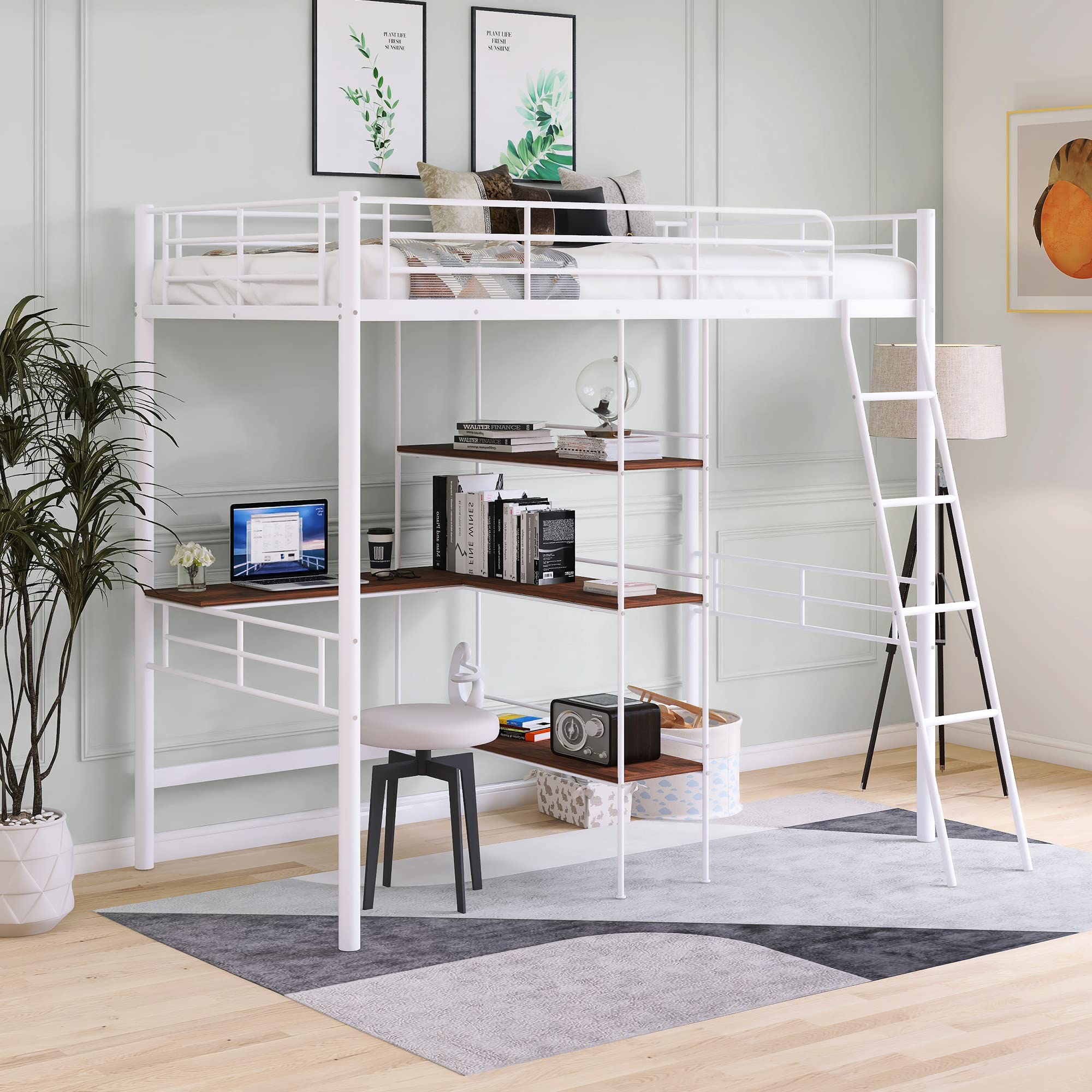 Bellemave Twin Size Metal Loft Bed with Built-in Desk & Storage Shelves - Heavy Duty Steel High Loft Bed with Guardrails & Ladder for Kids, Teens & Adults - Space Saving Solution for Small Rooms, Dorms & Apartments (White)