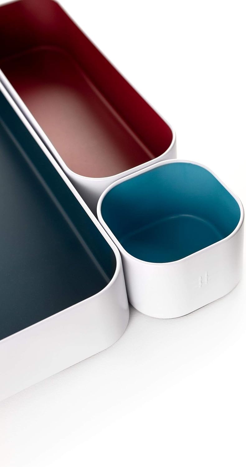 6-Piece Metal Organizer Tray Set for Makeup, Stationery & Utensils - 2 Inch Desk Drawer Organizer in Berry, Sunset, Blue & Stripes - Perfect for Office, Kitchen & Bathroom Storage