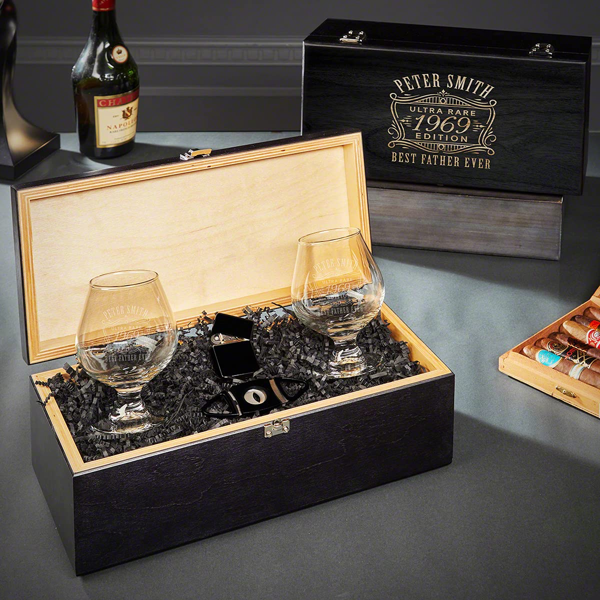 Premium Custom Cognac Gift Set in Elegant Ebony Wood Box - Perfect for Anniversaries, Corporate Gifts & Special Occasions