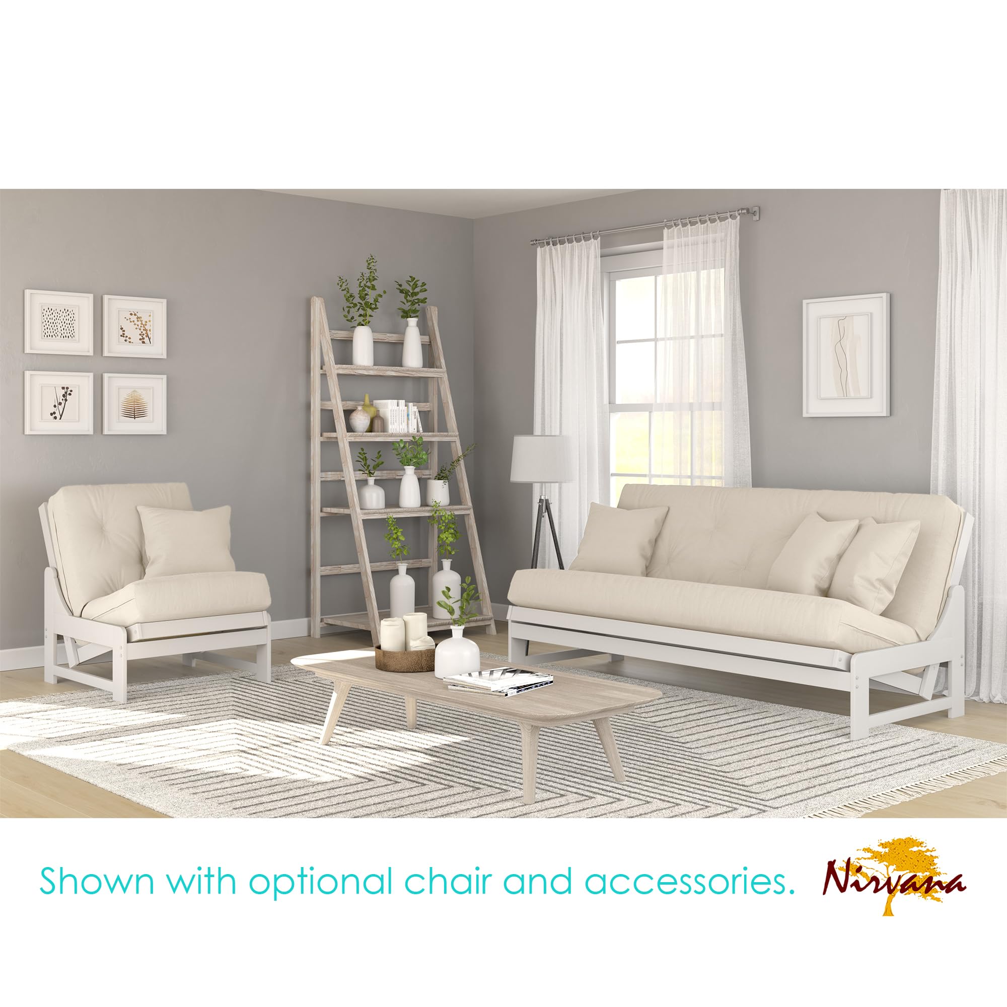Arden White Queen Size Futon Set - Armless Futon Frame with Mattress Included (Twill Ivory), Space Saving Modern Sofa Bed Sleeper for Small Apartments, Guest Rooms & Home Offices
