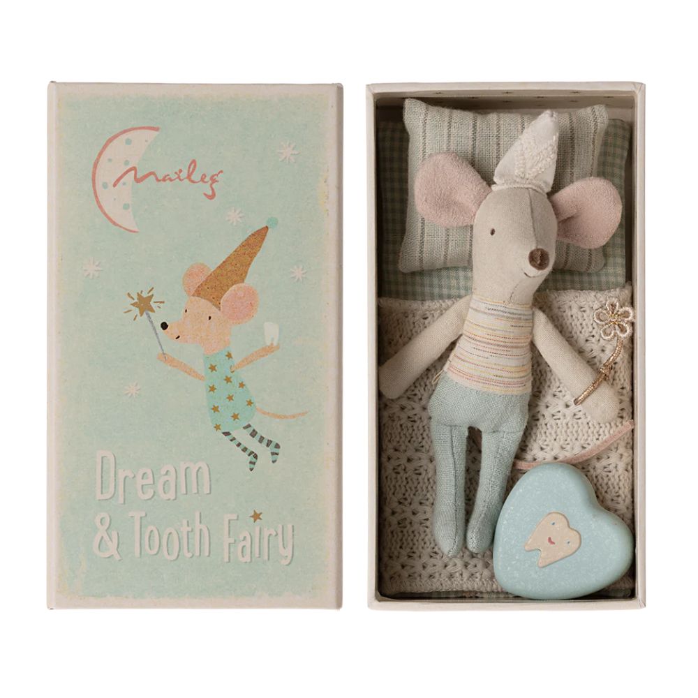 Maileg Dream & Tooth Fairy Mouse in a Matchbox - Blue | Miniature Collectible Toy for Kids | Perfect for Fairy Tale Play & Tooth Fairy Gifts