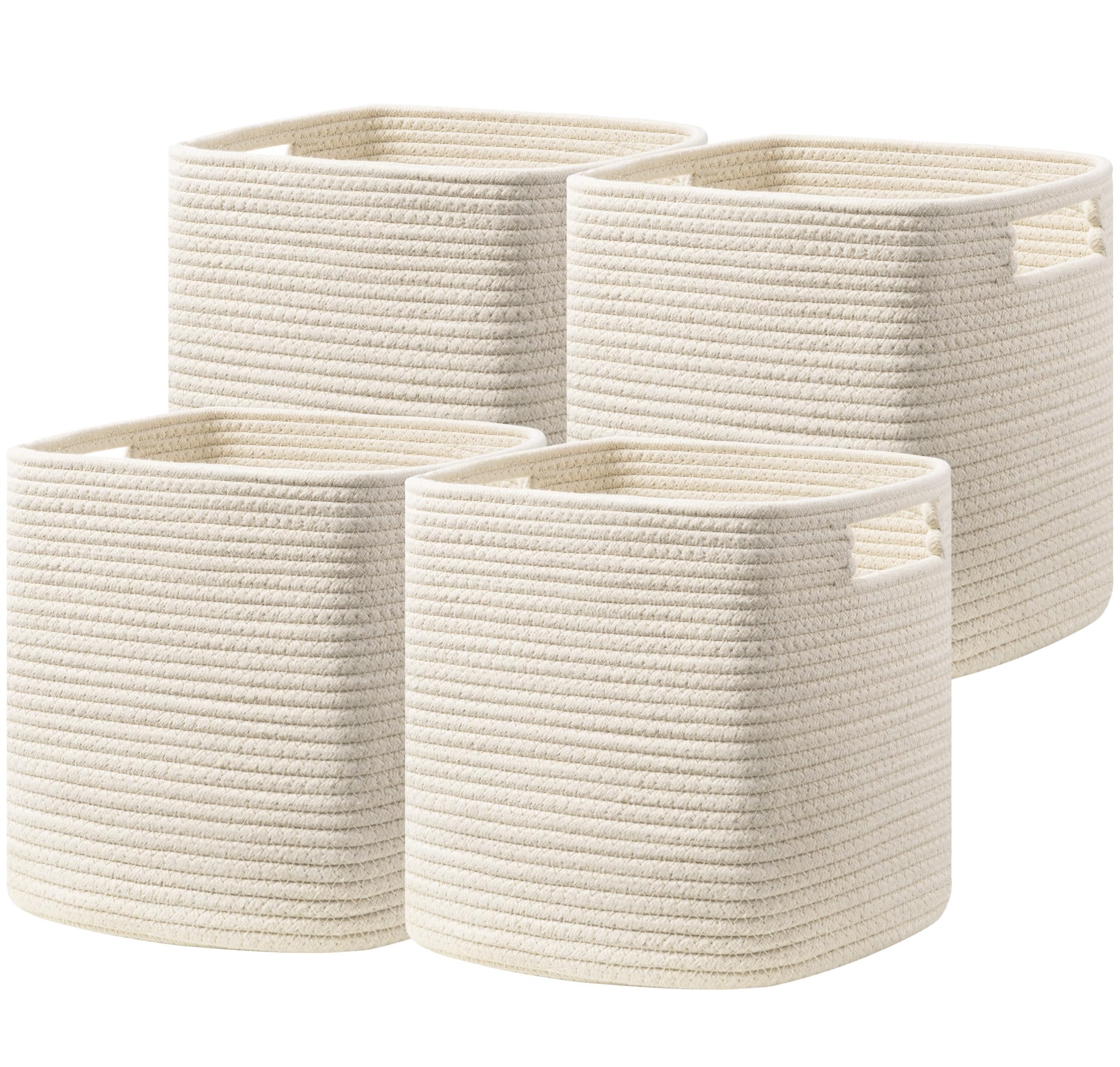 UBBCARE Set of 4 Woven Storage Baskets - 11x10.5x10.5 Inch Cotton Rope Cube Bins with Handles for Shelves, Toys, Books | Home Organization for Bedroom, Nursery, Closet & Office (Beige)