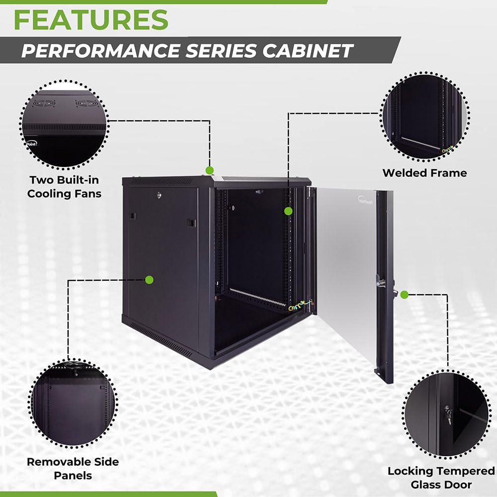 NavePoint 12U Wall Mount Server Rack Cabinet - 19 Inch Network Rack Enclosure with Locking Glass Door, 2 Cooling Fans & Removable Side Panels | 23.6
