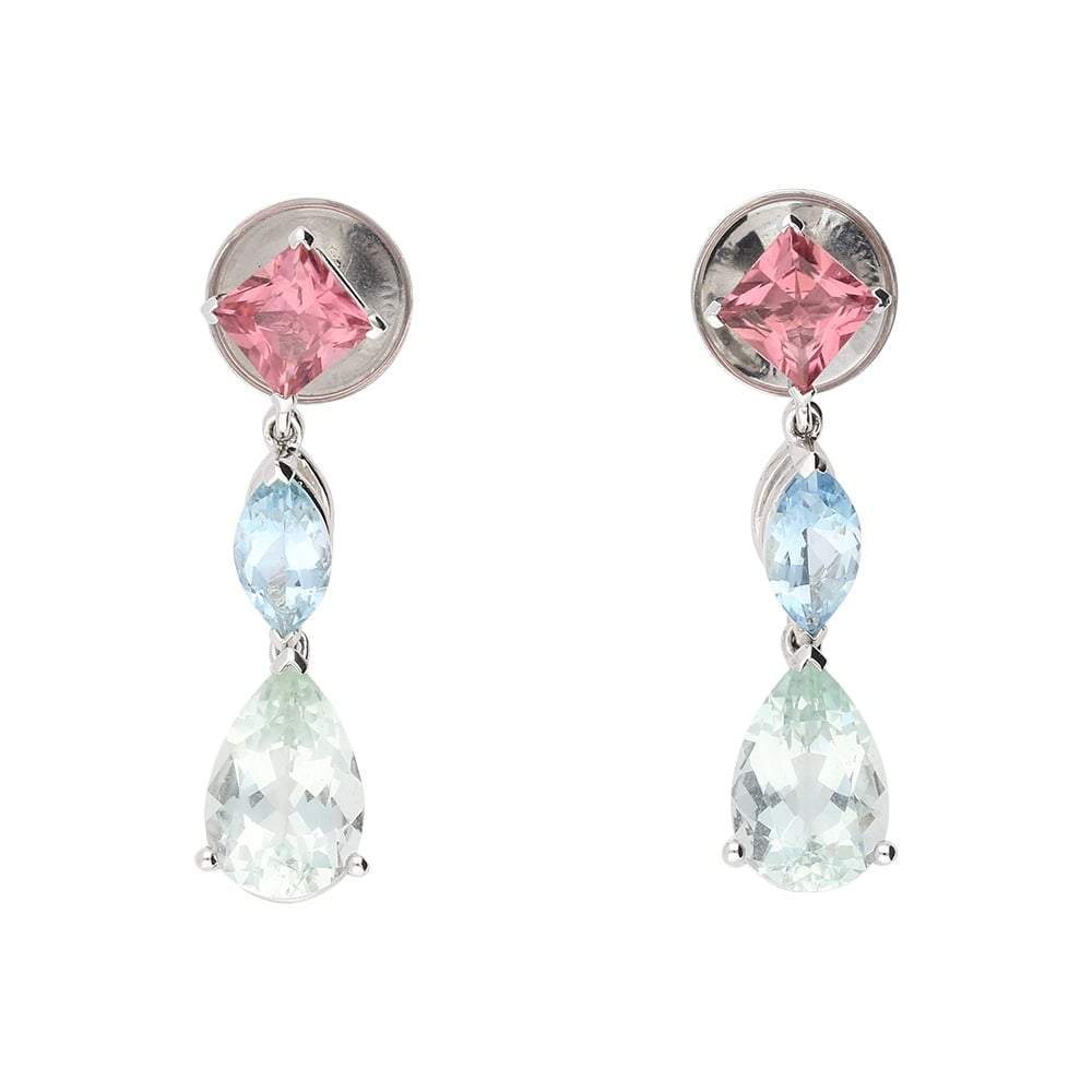 18ct White Gold Green Beryl Pink Tourmaline Aqua Drop Earrings for Women - Elegant Dangling Jewelry for Weddings, Parties & Special Occasions