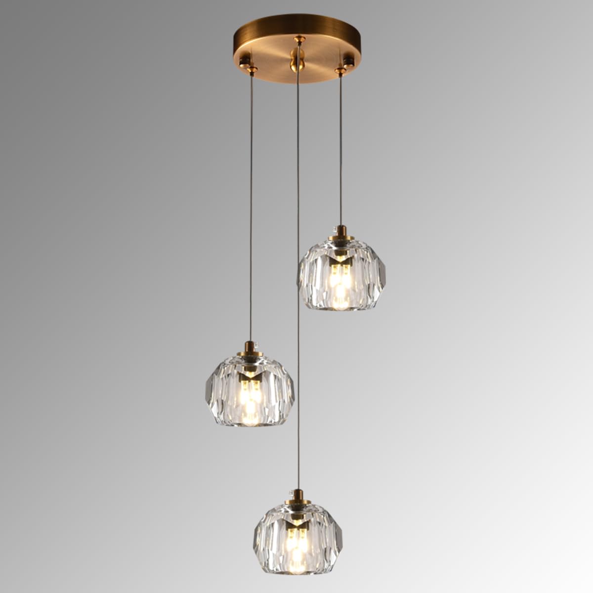 3-Light Cut Pendant Light Fixtures - 9W Brass LED Ceiling Pendant Lighting with Clear Prism Crystal - Modern Hanging Lamps for Kitchen Island, Dining Room, Bar, Living Room & Bedroom Decor