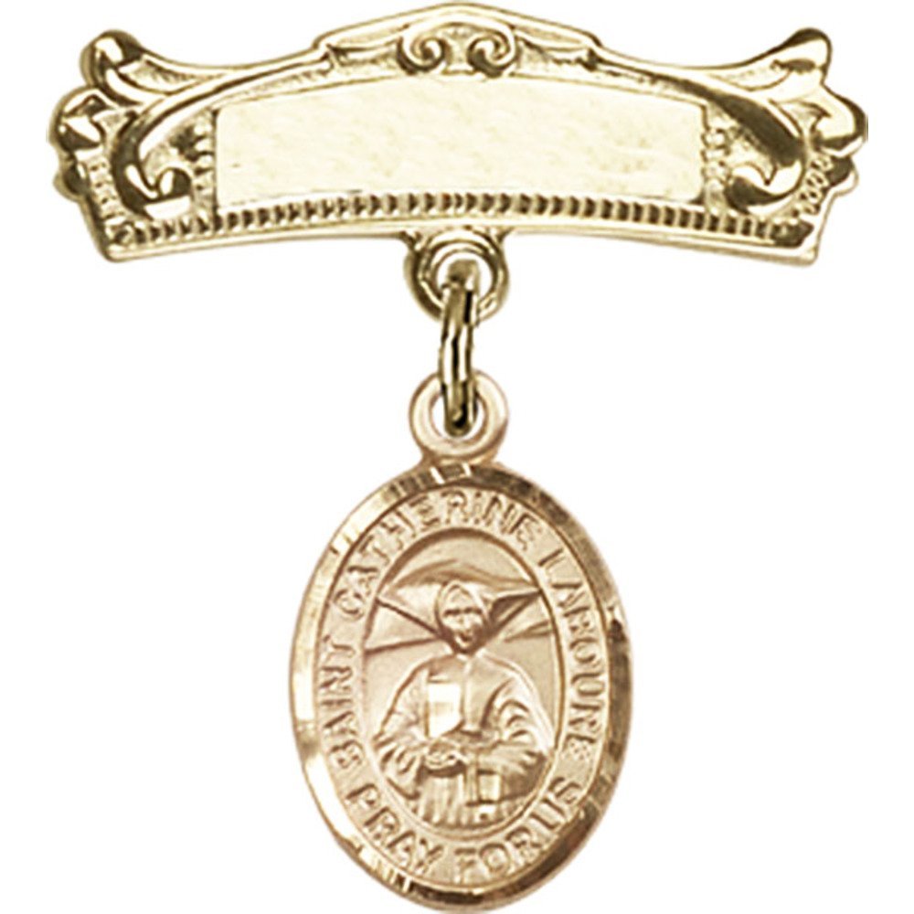 Gold Filled Baby Badge with St. Catherine Laboure Charm - 7/8 X 3/4 Inch Arched Polished Pin - Perfect for Baptism, Christening & First Communion Gifts