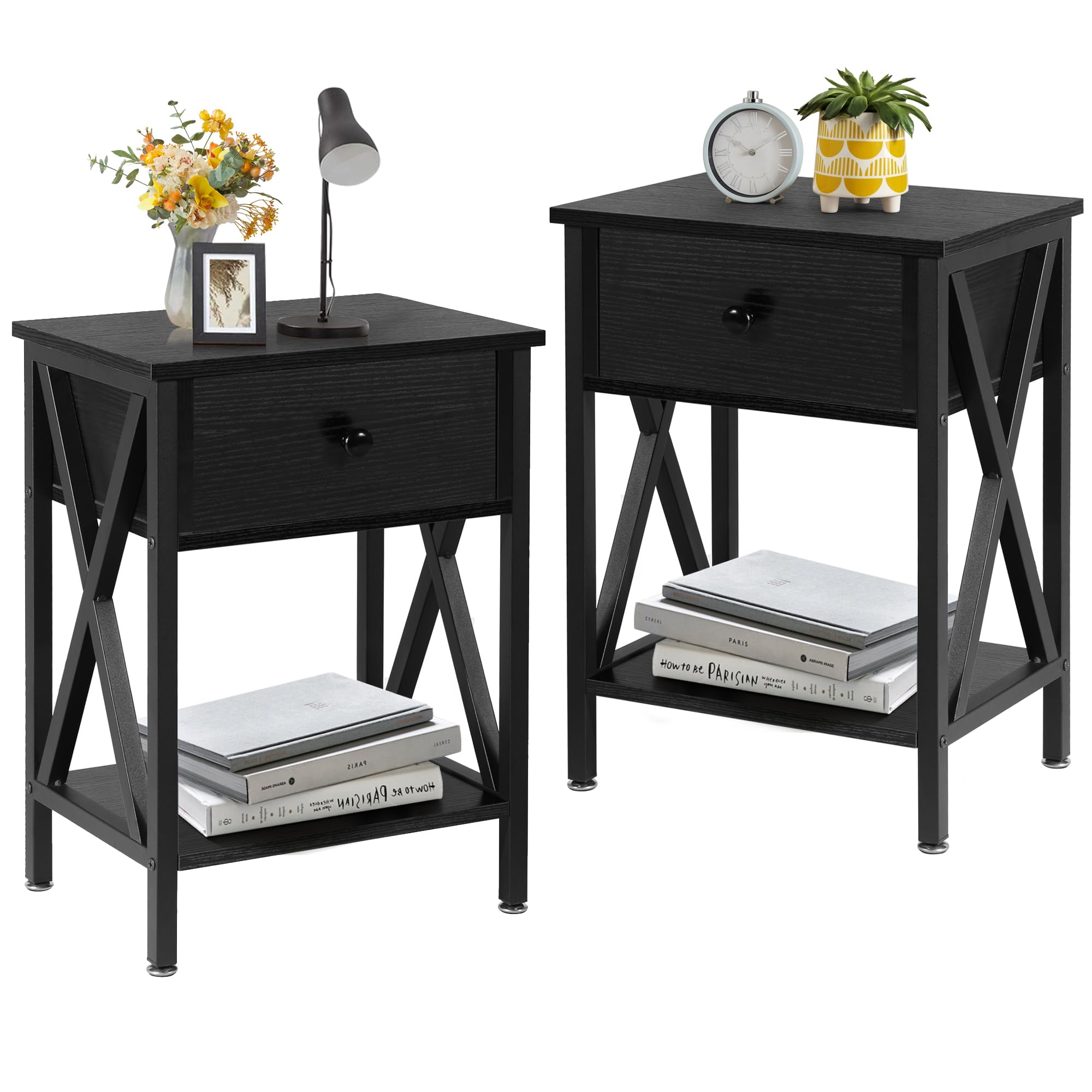 VECELO Nightstands Set of 2 - Modern Bedside End Tables with Drawer & Storage Shelf, Industrial Metal Frame Night Stands for Bedroom & Living Room - Perfect for Small Spaces, Apartment Furniture & Home Decor