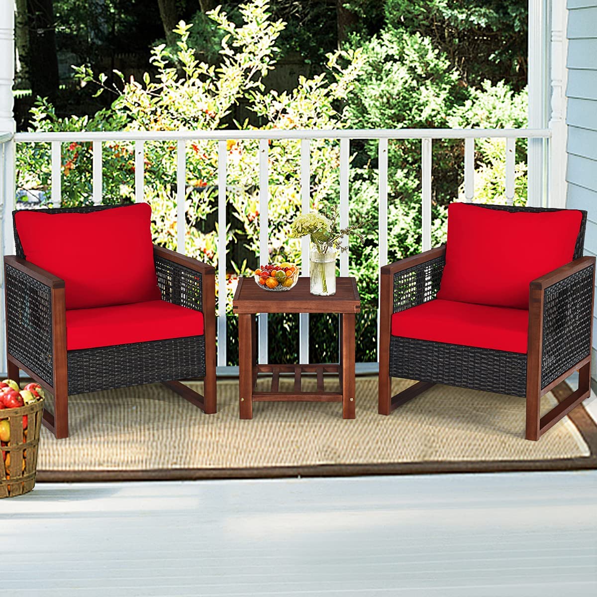 HappyGrill 3-Piece Outdoor Patio Furniture Set - Acacia Wood Wicker Chairs with Coffee Table & Washable Cushions - Perfect for Balcony, Porch, Garden, Poolside & Backyard Relaxation