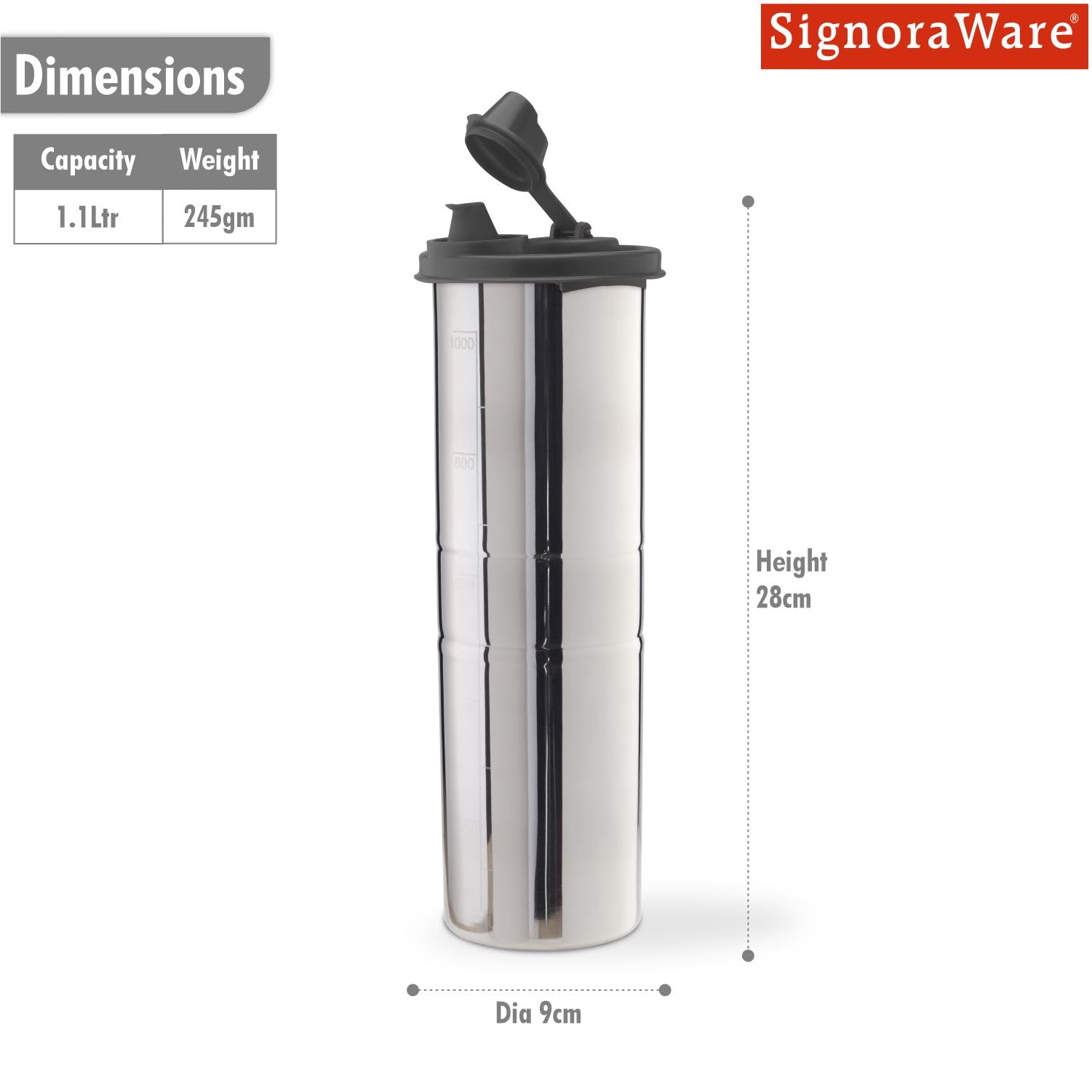 SIGNORA WARE 1.1L Stainless Steel Oil Dispenser Bottle with Lid - Leak Proof, Food Grade, 1100ml - Perfect for Kitchen, Salad Dressing, Olive Oil & Vinegar Pouring (Black, 1 Pack)
