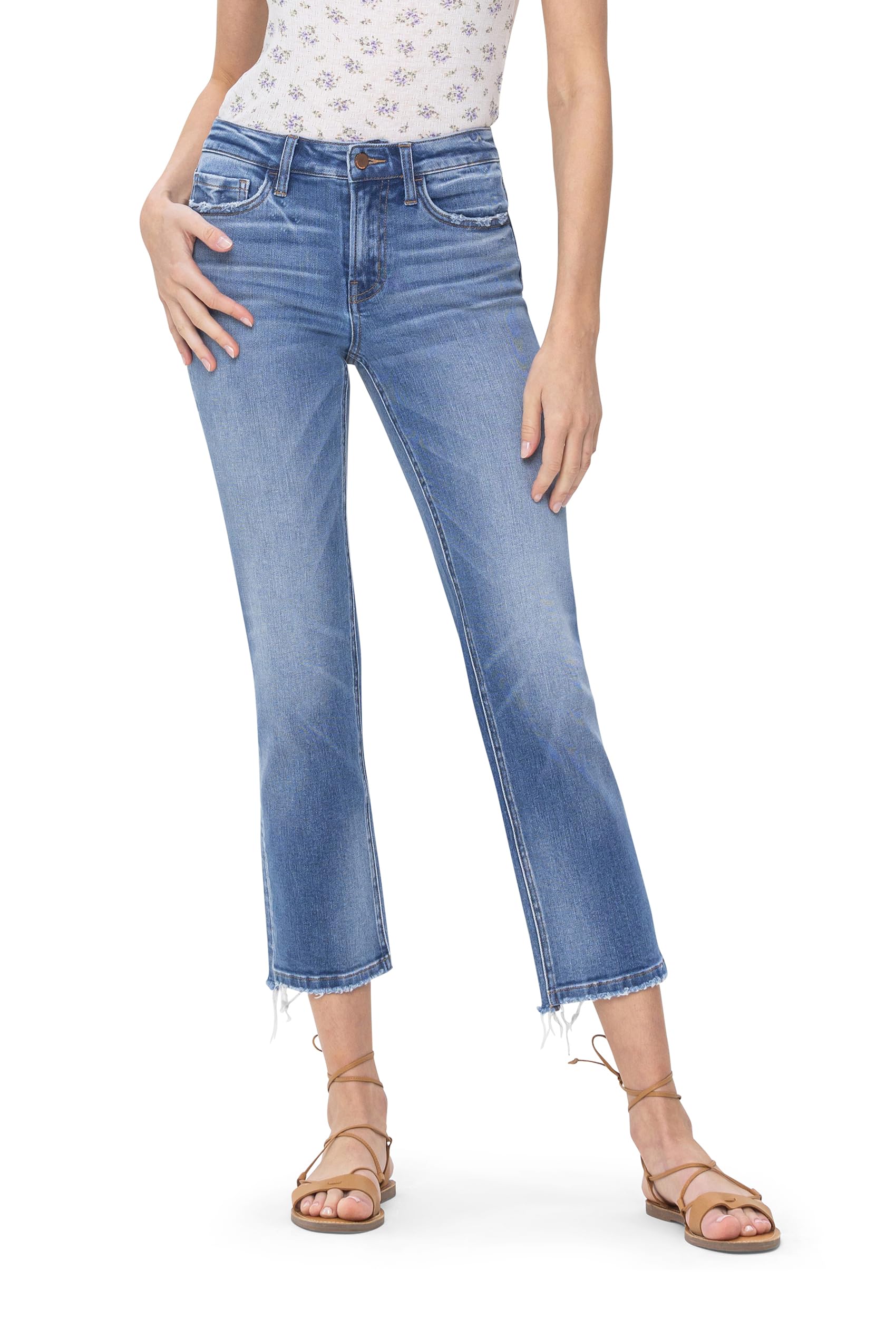 Flying Monkey Women's Mid Rise Crop Straight Jeans - Medium Blue Denim for Casual Wear & Everyday Outfits