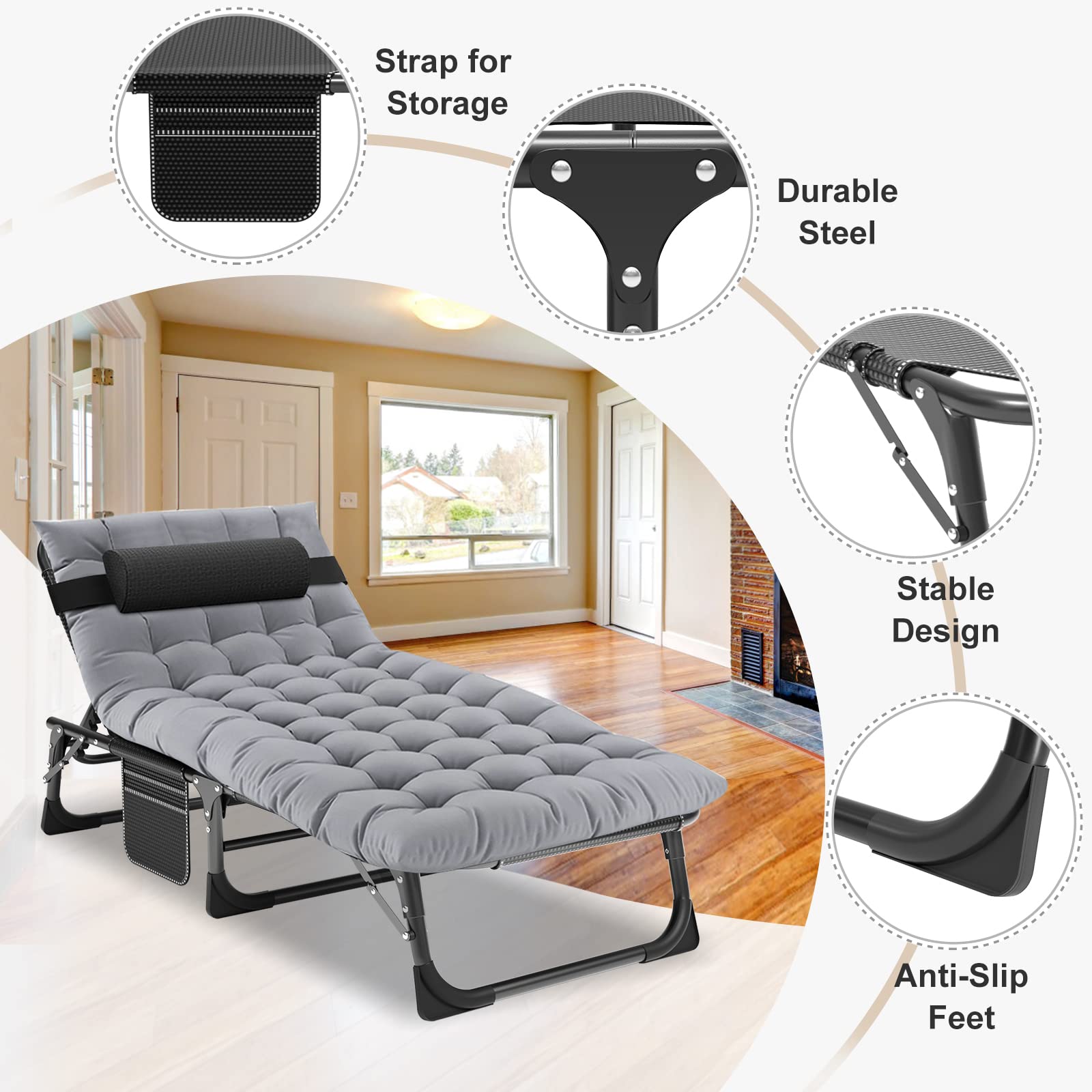 ABORON 5-Position Adjustable Folding Camping Cot for Adults - Portable Outdoor Sleeping Cot with Pillow, Reclining Lounge Chair for Beach, Pool, Lawn, Backyard & Camping - Perfect for Sunbathing, Relaxing & Travel