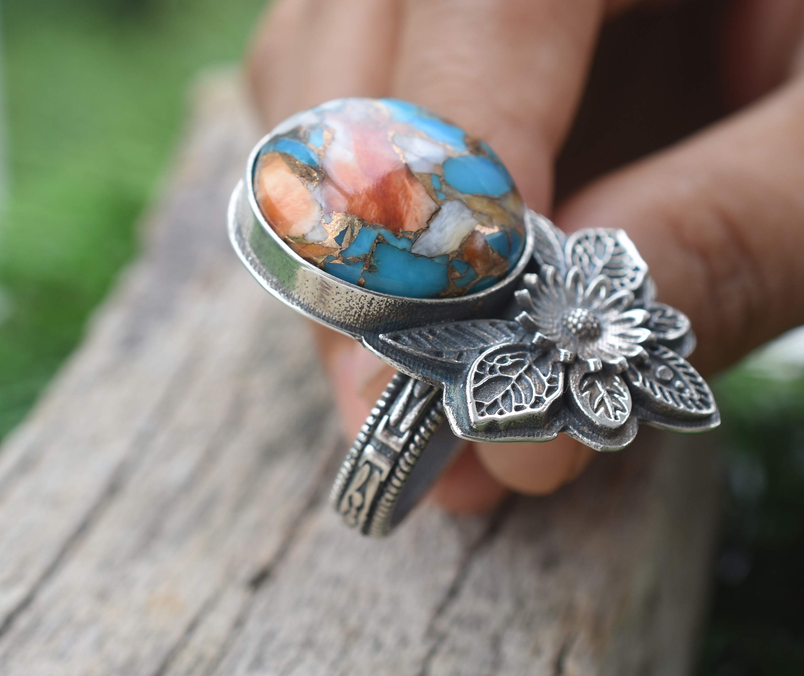 Vintage Oyster Copper Turquoise 925 Sterling Silver Ring - Handmade Boho Jewelry - Unique Hippie & Birthstone Ring - Perfect Birthday Gift for Women - TQ-07 | Ideal for Casual Wear, Festivals & Special Occasions