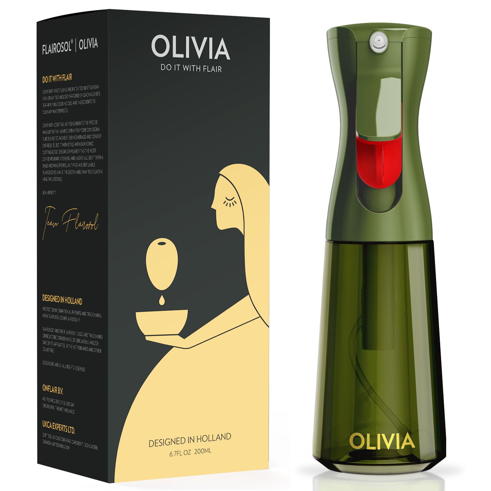 FLAIROSOL OLIVIA 200ml Glass Oil Sprayer for Cooking - Continuous Mist Olive Oil Dispenser with Portion Control - Perfect for Air Fryer, Salad, BBQ & Healthy Cooking (Green Bottle with Gold Print) - Ideal for Kitchen, Baking & Meal Prep