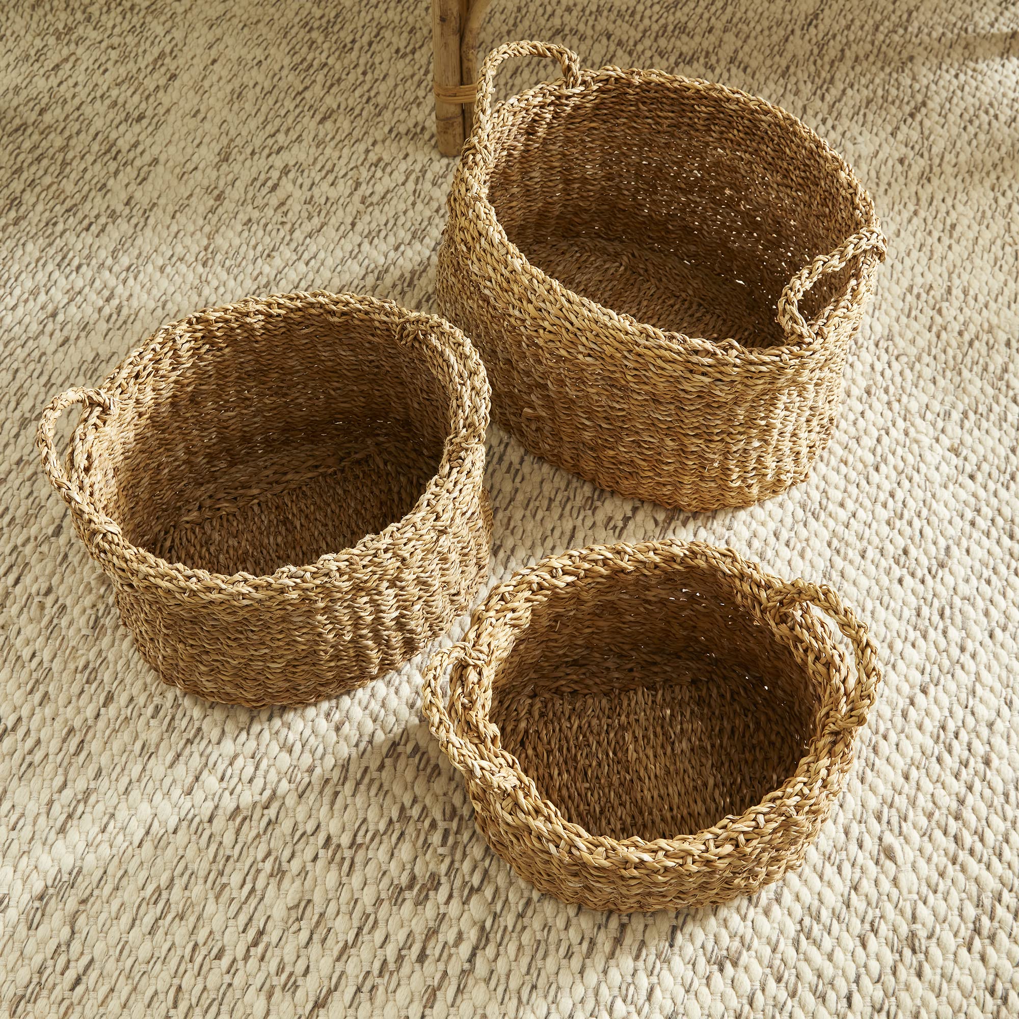 Napa Home & Garden Natural Seagrass Oval Storage Baskets with Handles - Set of 3 - Soft, Supple & Textured for Home Organization - Perfect for Living Room, Bedroom & Bathroom Storage