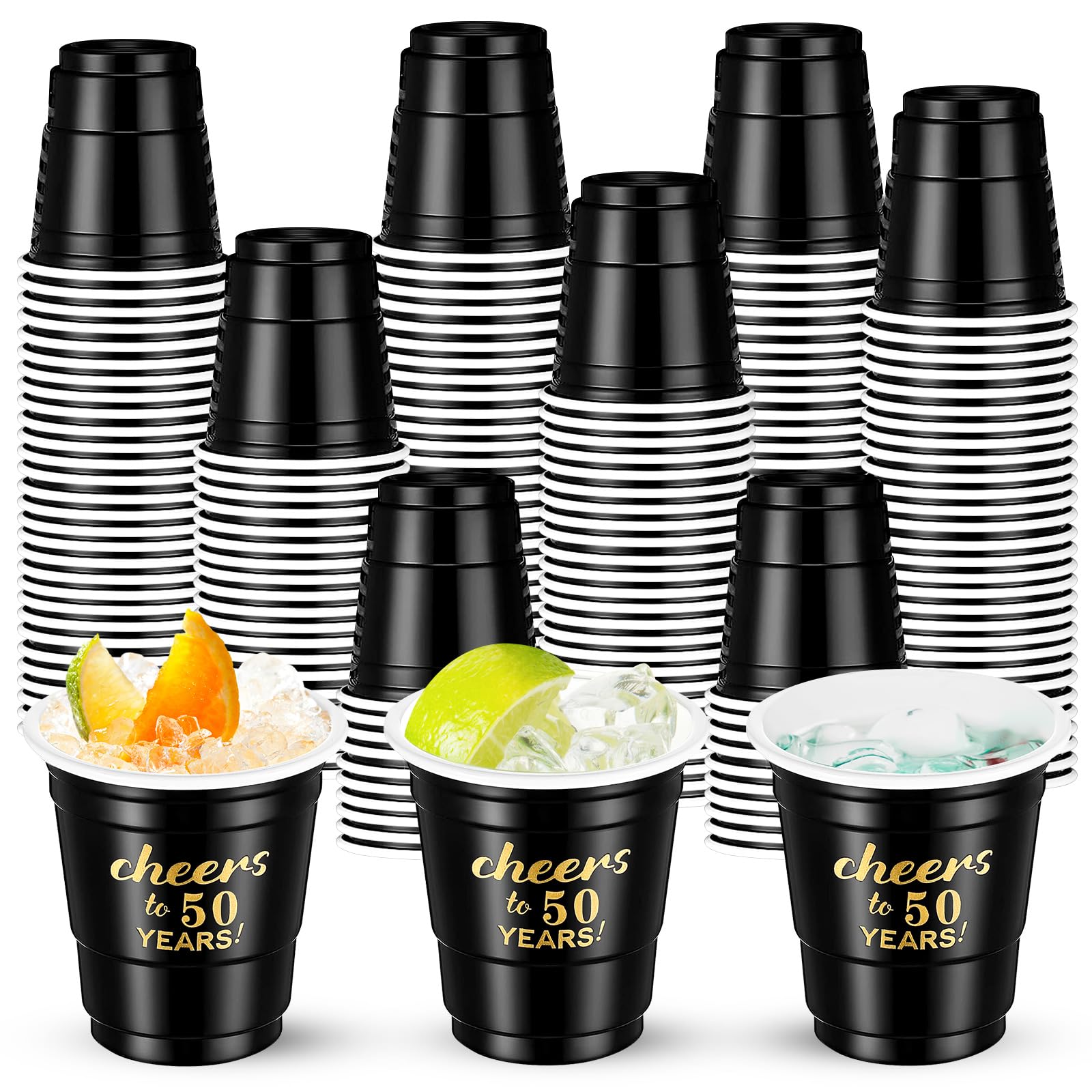 100 Pcs Disposable 2 oz Plastic Shot Glasses - Cheers to 30 40 50 60 70 Years Birthday Party Cups in Black & Gold | Perfect for Anniversary Decorations, Stadium Parties & Birthday Favors for Men & Women (50 Years Option)