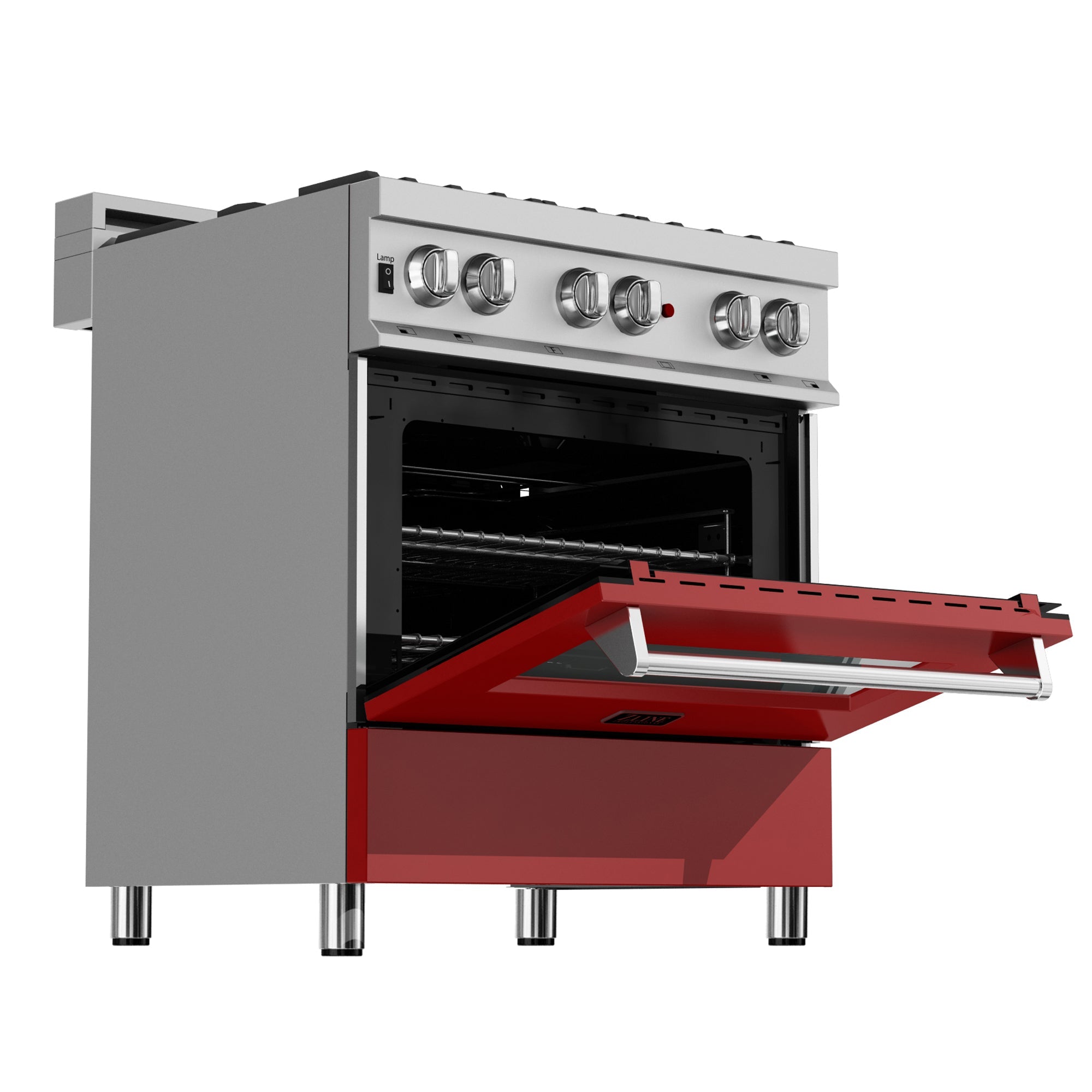 ZLINE 30 Inch 4.0 cu ft Dual Fuel Range with 4 Burner Gas Cooktop & Electric Convection Oven - Satin Stainless Steel with Red Matte Door (RAS RM 30) | Professional Kitchen Appliance for Home Chefs & Cooking Enthusiasts | Perfect for Baking, Roasting & Family Meals