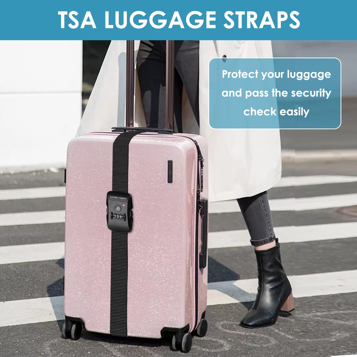 TSA Approved Adjustable Luggage Strap with Combination Lock - Secure & Easy-to-Use Travel Belt for Suitcases, Bags & Backpacks (Black) - Perfect for Airports, Train Travel & Vacation Packing