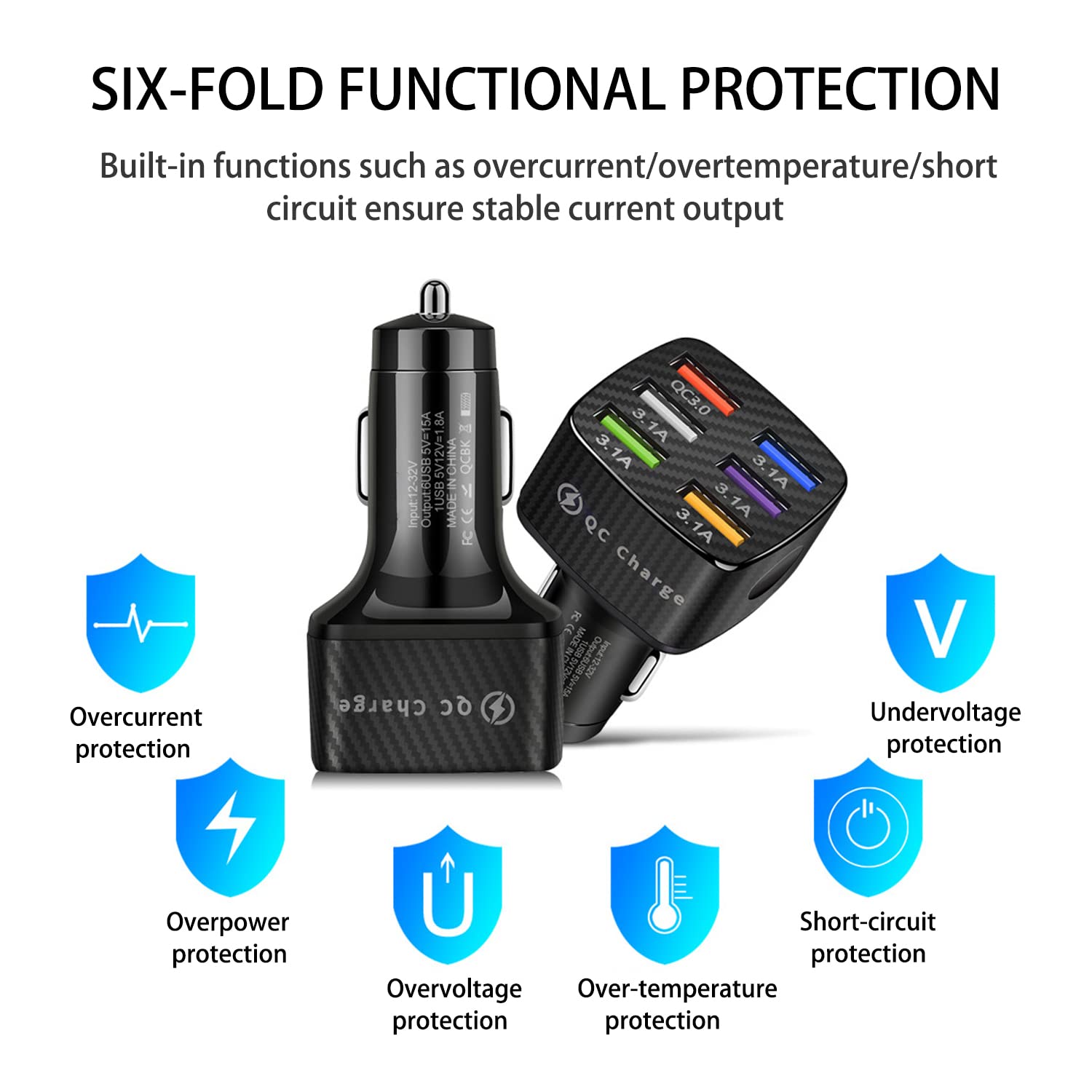6-Port USB QC3.0 Fast Car Charger Adapter - Multi-Port Phone Charger with LED Display for iPhone, Android & Smart Devices | Universal Vehicle Accessory for Cars, Trucks & SUVs | Perfect for Road Trips, Commuting & Family Travel (Black)
