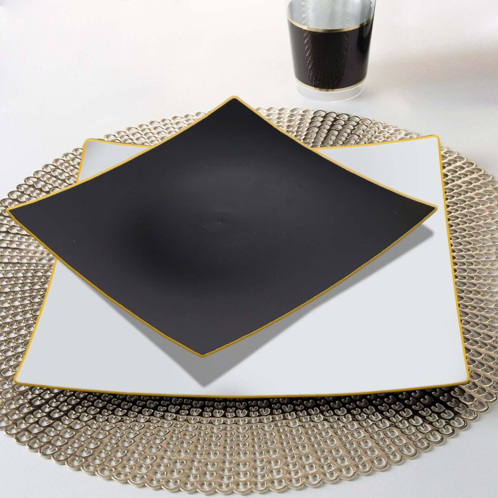 Efavormart 10-Pack 8 Inch Black and Gold Concave Square Plastic Dinner Plates - Disposable Party Plates for Weddings, Birthdays, and Special Events