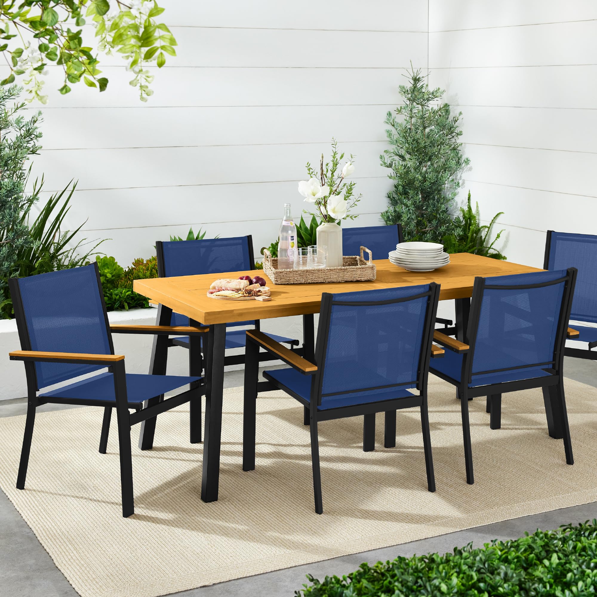 Best Choice Products Set of 2 Stackable Textilene Outdoor Chairs - All-Weather Patio Furniture with Armrests for Dining, Conversation & Relaxation - Black/Navy - Perfect for Backyard, Poolside & Garden Use
