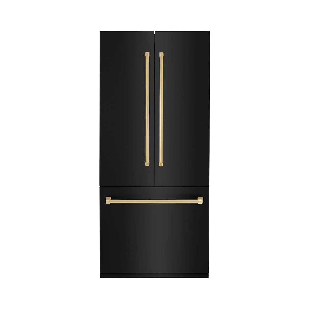 ZLINE Autograph Edition 36-Inch French Door Built-In Refrigerator with Bottom Freezer - 19.6 cu.ft Capacity, Water Dispenser & Ice Maker - Black Stainless Steel with Polished Gold Accents (RBIVZ BS 36 G) - Perfect for Modern Kitchens and Luxury Homes