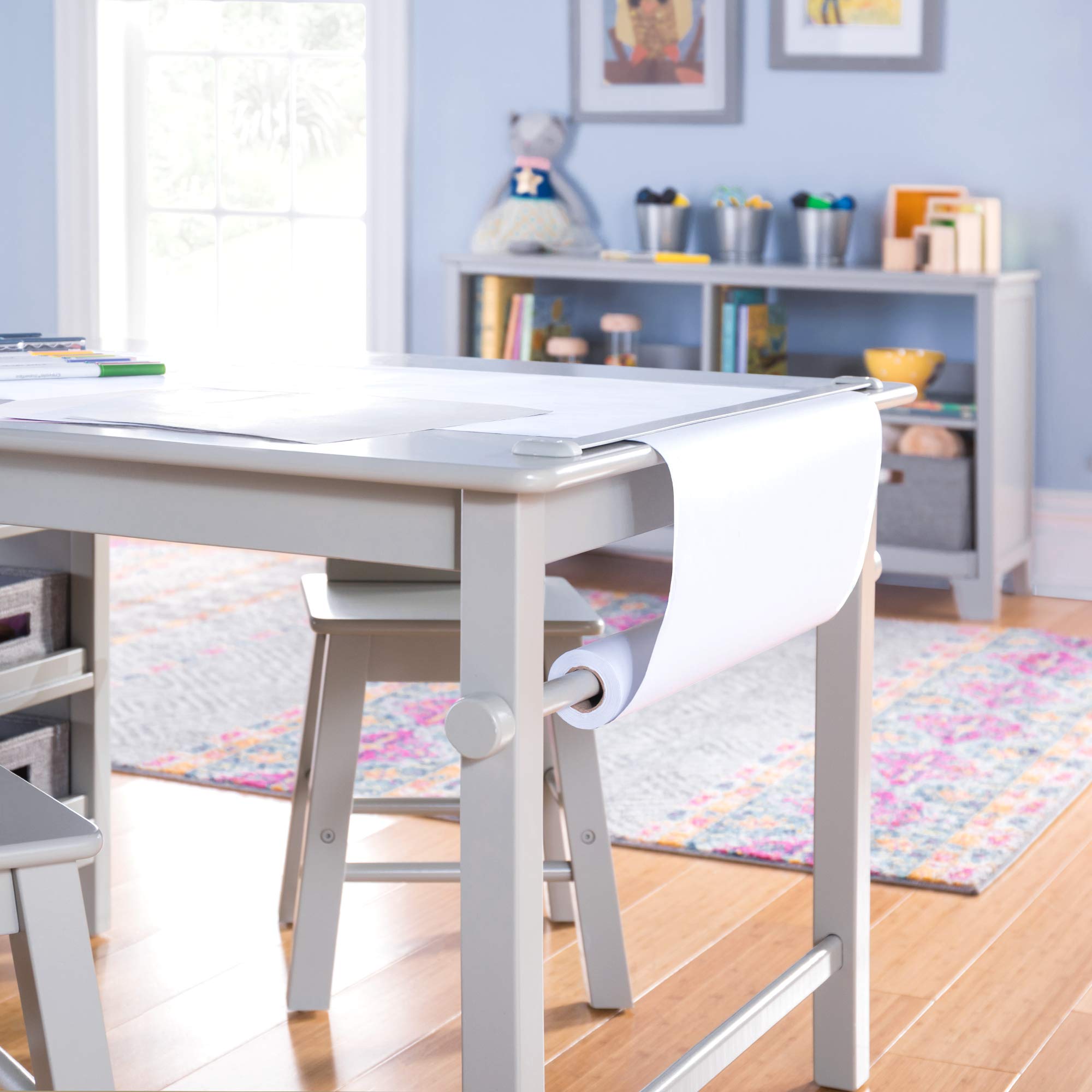 Martha Stewart Kids' Art Table and Chairs Set - Wooden Play Table for Arts & Crafts, Coloring Desk with Storage Bins & Paper Roll | Perfect for Playrooms, Homeschooling & Creative Activities | Gray