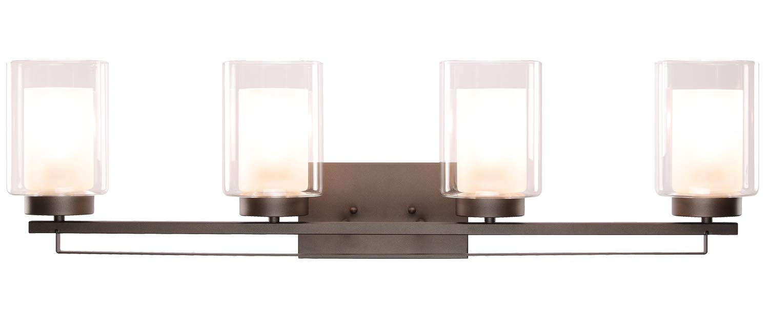 XiNBEi 4-Light Bathroom Vanity Lighting - Dark Bronze Wall Mount Light with Dual Glass Shade for Bathroom, Bedroom & Hallway - Indoor Wall Sconce XB-W1195-4-DB