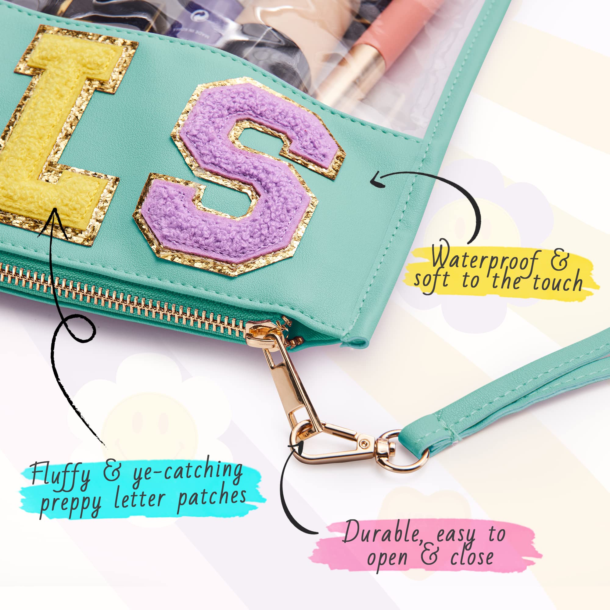 **2 Pack Large Chenille Letter Tote Bags - PU Waterproof Clear Cosmetic Pouch for Travel, Snacks, Makeup & Sunscreen Storage - Trendy Preppy Gift for Women & Girls (Perfect for Beach, Gym, School & Vacation)**