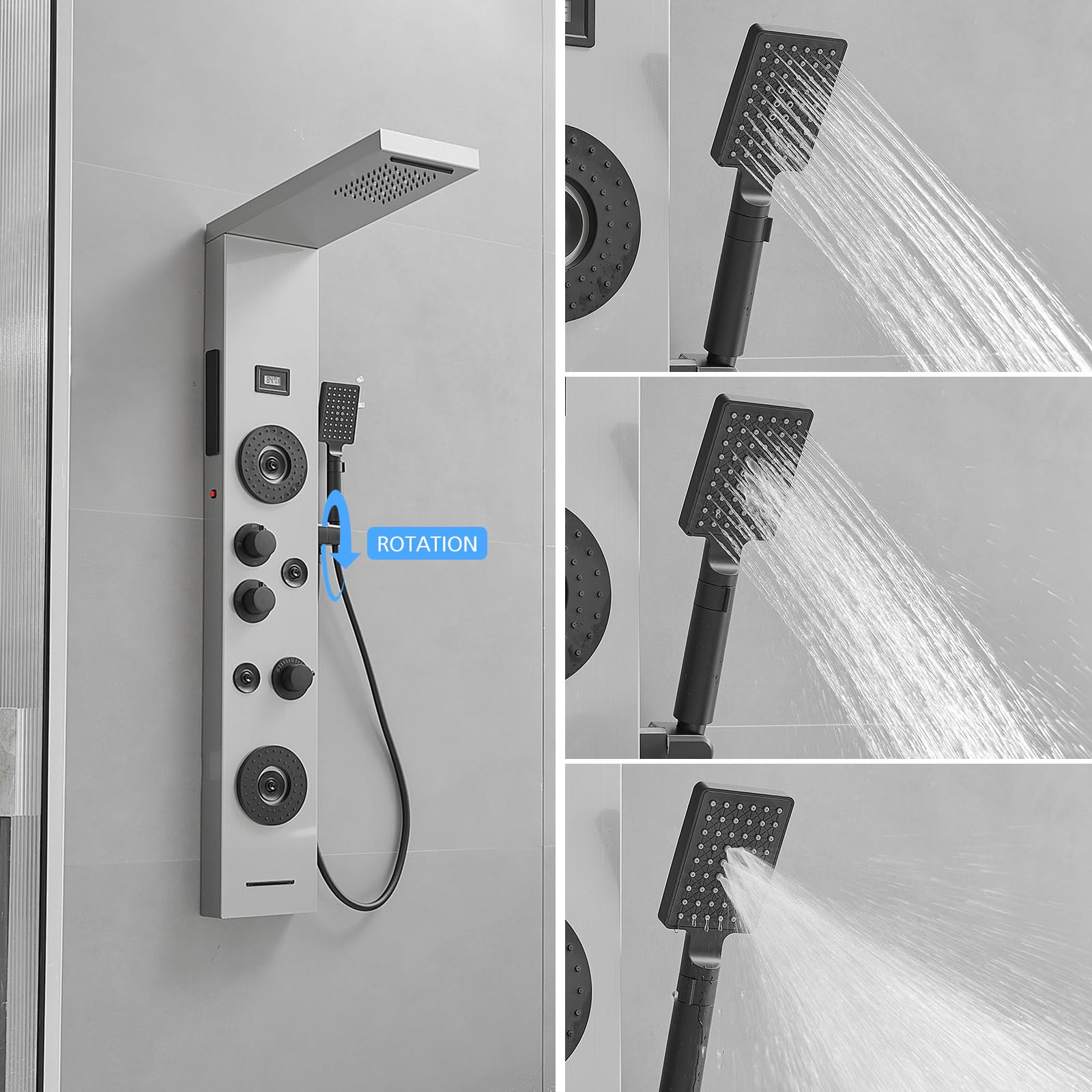 BWE Stainless Steel Shower Panel Tower System with LED Rainfall Shower Head - 4 Massage Jets, 3-Function Handheld Shower & Waterfall Tub Spout - Wall Mounted Shower Panel with Temperature Display - Perfect for Luxury Bathroom Renovation & Spa-Like Shower Experience