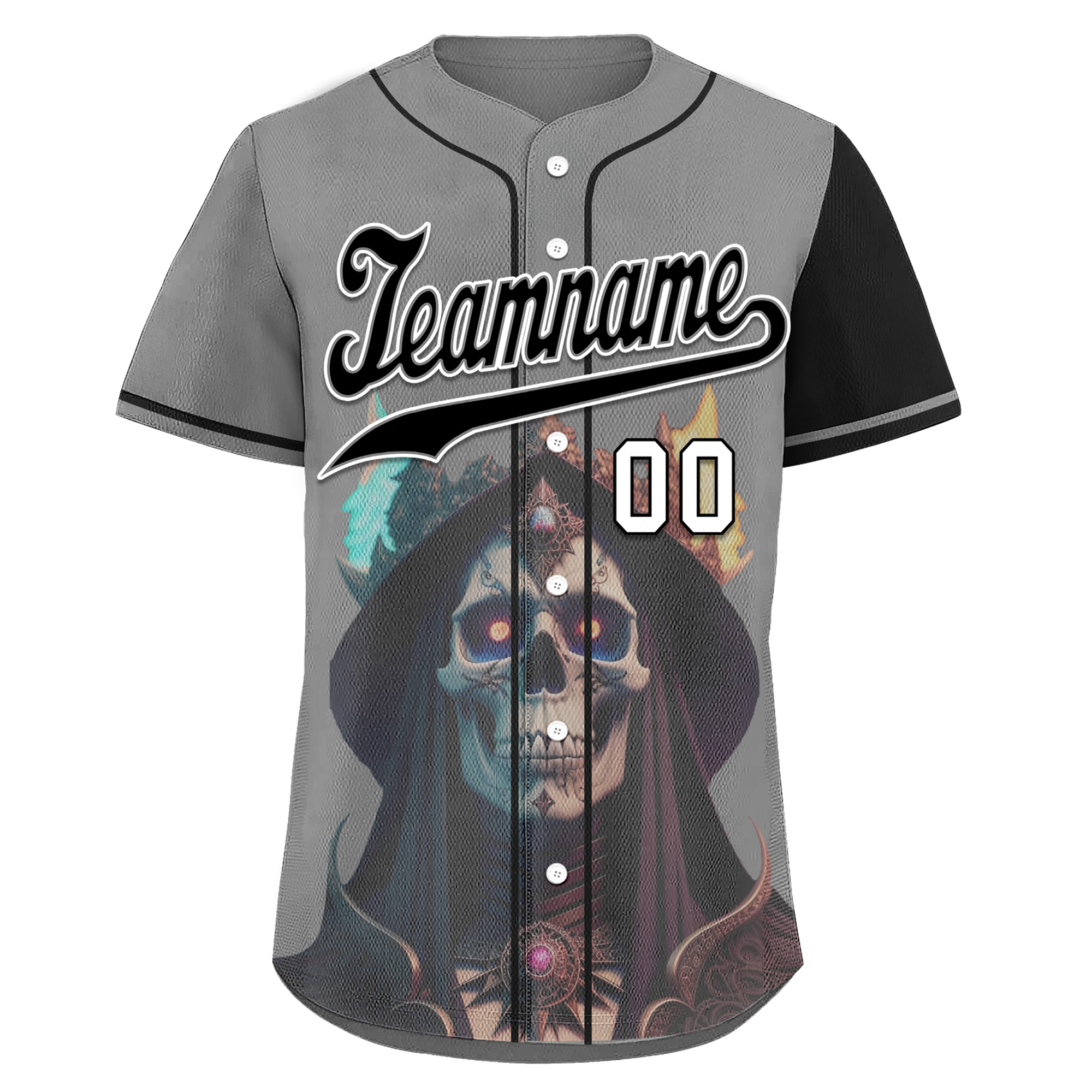 Custom Gray & Black Skull Print Personalized Baseball Jersey - Authentic Sports Apparel for Men | Perfect for Halloween Costumes, Baseball Games & Streetwear Fashion (BSBJ01 D017160)