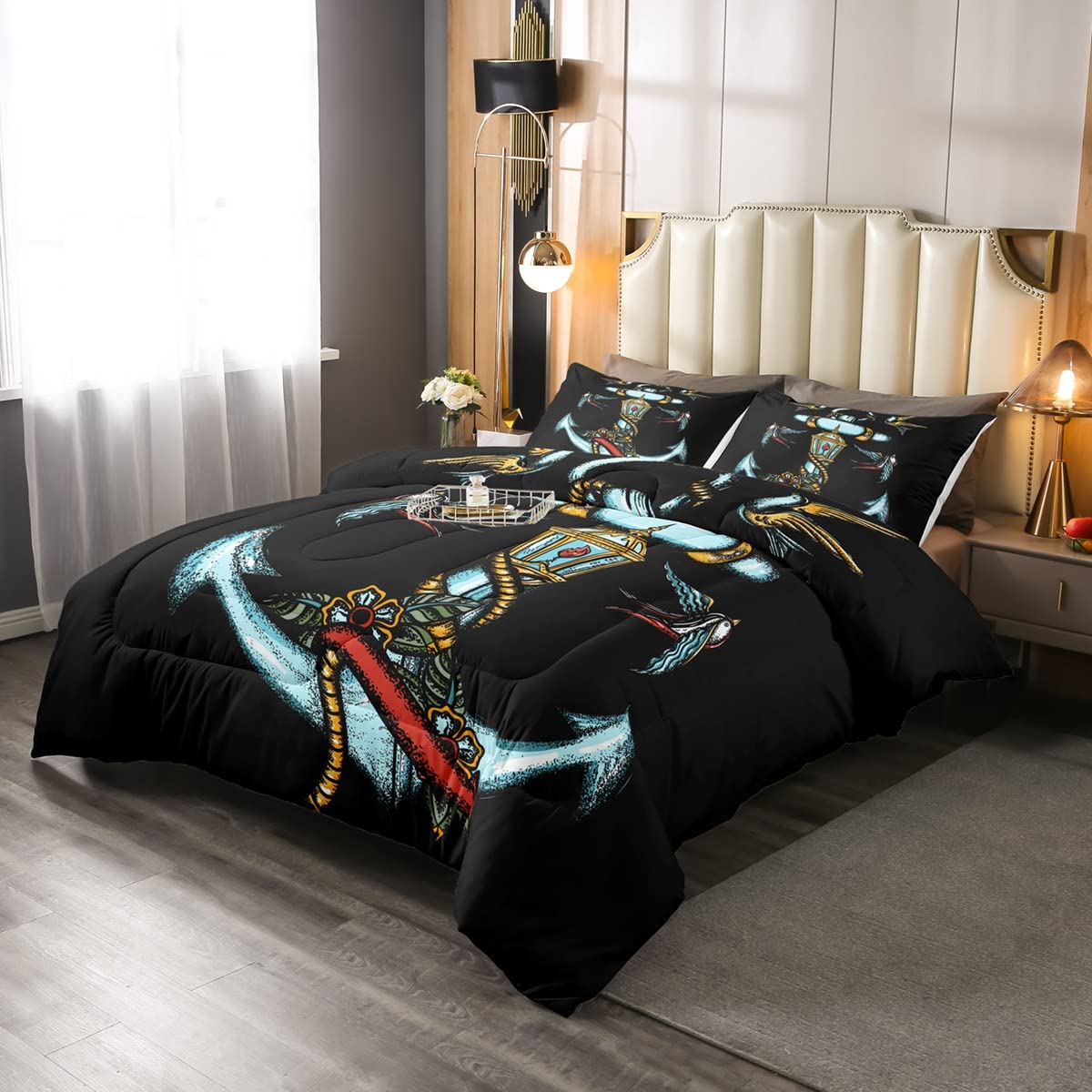 **Anchor Pattern Comforter Set Queen - Nautical Theme Bedding for Boys, Kids & Adults - Retro Anchor & Birds Print - Includes 1 Comforter & 2 Pillowcases - Lightweight, Warm & Soft - Perfect for Coastal, Beach, or Nautical-Themed Bedrooms**