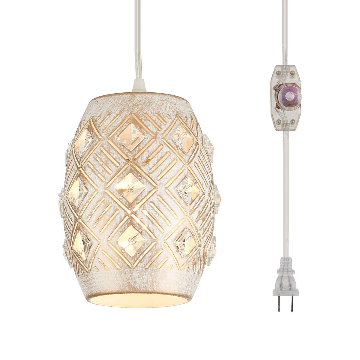 YLONG-ZS 16 FT Plug in Pendant Light with Dimmer Switch - Boho Hanging Lights for Bedroom, Living Room & Corner Decor (White & Crystal) | Perfect for Cozy Reading Nooks, Dining Areas and Home Office Lighting