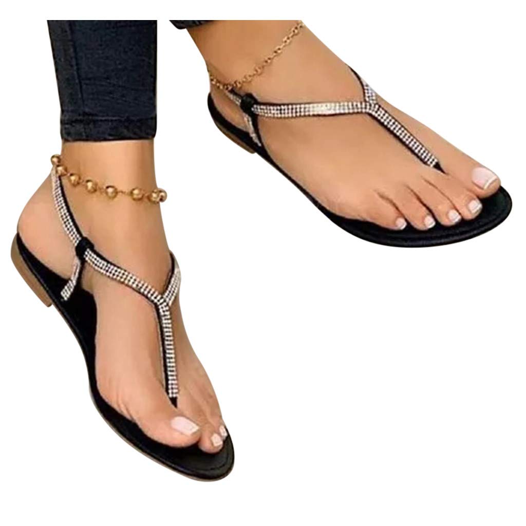 Women's Casual Summer Sandals with Buckle Strap - Open Toe Beach Sandals with Rhinestones - Roman Style Flat Sandals for Walking, Travel & Beach Vacations
