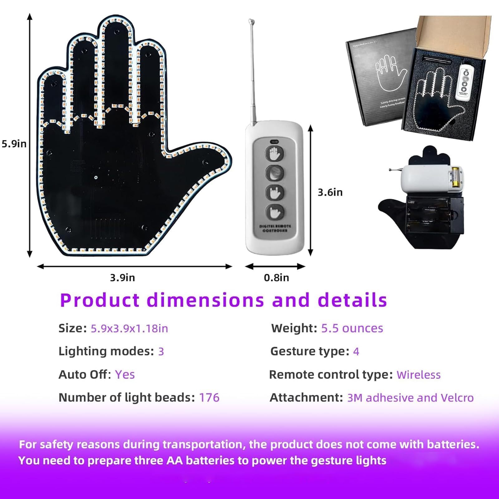 LED Hand Gesture Light for Cars - Glow in the Dark Window Sign, Cool Automotive Accessories for Men & Women (Pink/Purple) - Perfect for Night Driving, Road Trips, and Car Enthusiasts