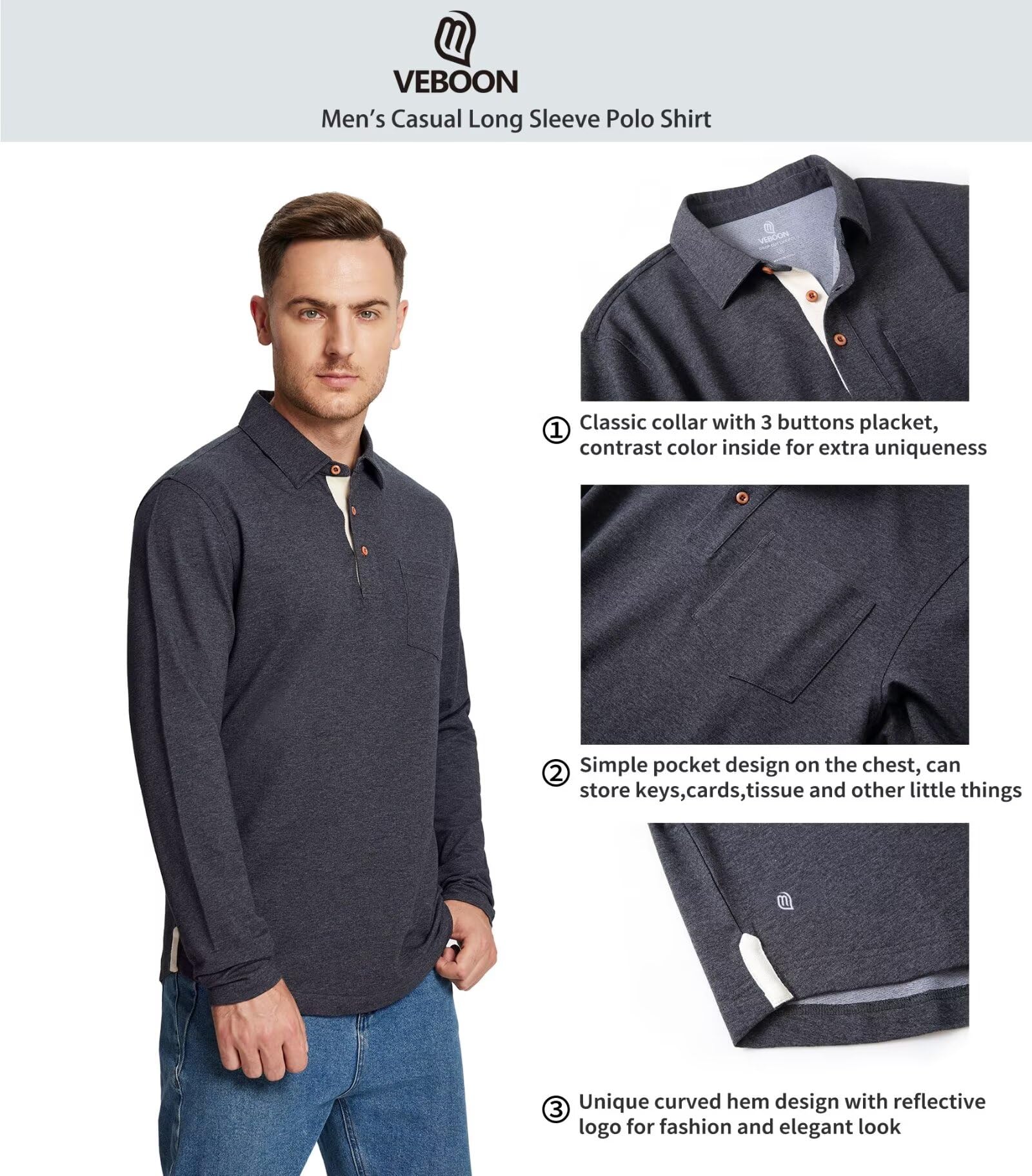 Men's Long & Short Sleeve Polo Shirts - Casual Cotton Blend with Pocket & Drop Cut Collar - Breathable Comfort for Golf, Office & Everyday Wear