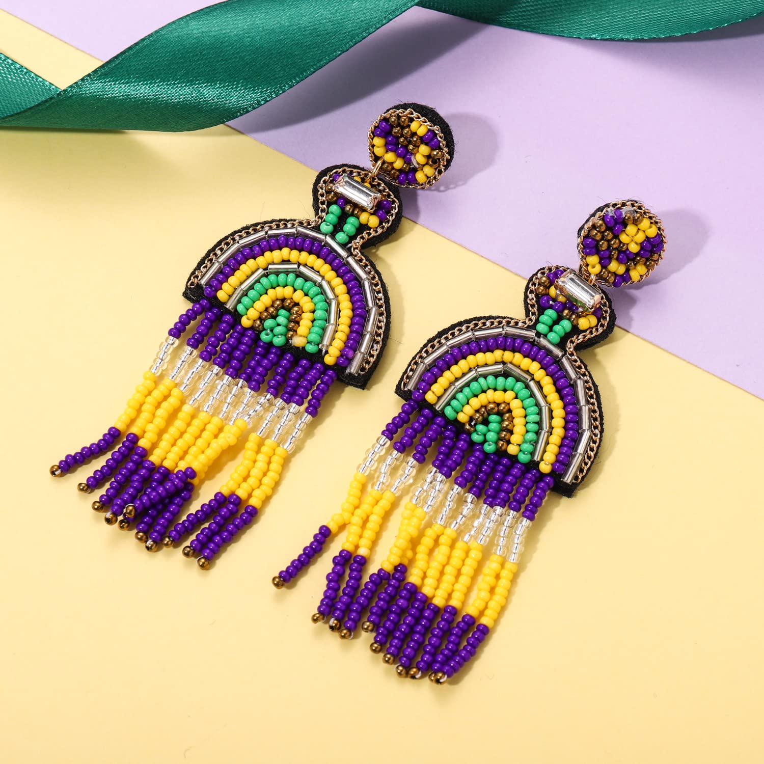 Handmade Beaded Mardi Gras Earrings for Women - Fleur De Lis Drop Dangle Earrings with Crown Design | Costume Party, Parade & Festival Accessories | Perfect Holiday Gift for Carnival, New Orleans Events & Themed Parties