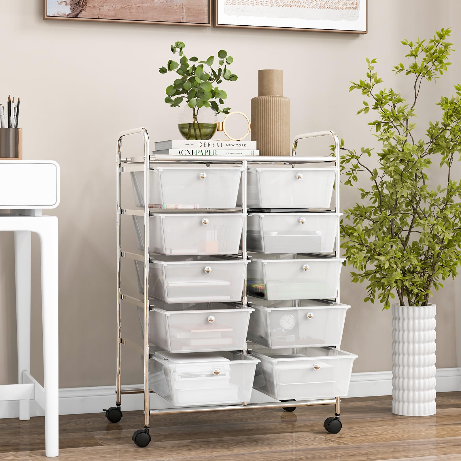 Byroce 10-Drawer Rolling Cart with Wheels - Multipurpose Craft Storage Organizer for Art Supplies, Tools, Paper - Utility Cart for School, Teacher, Home & Office Use (Clear) - Perfect for Classroom Organization, Craft Room Storage & Mobile Office Supplies
