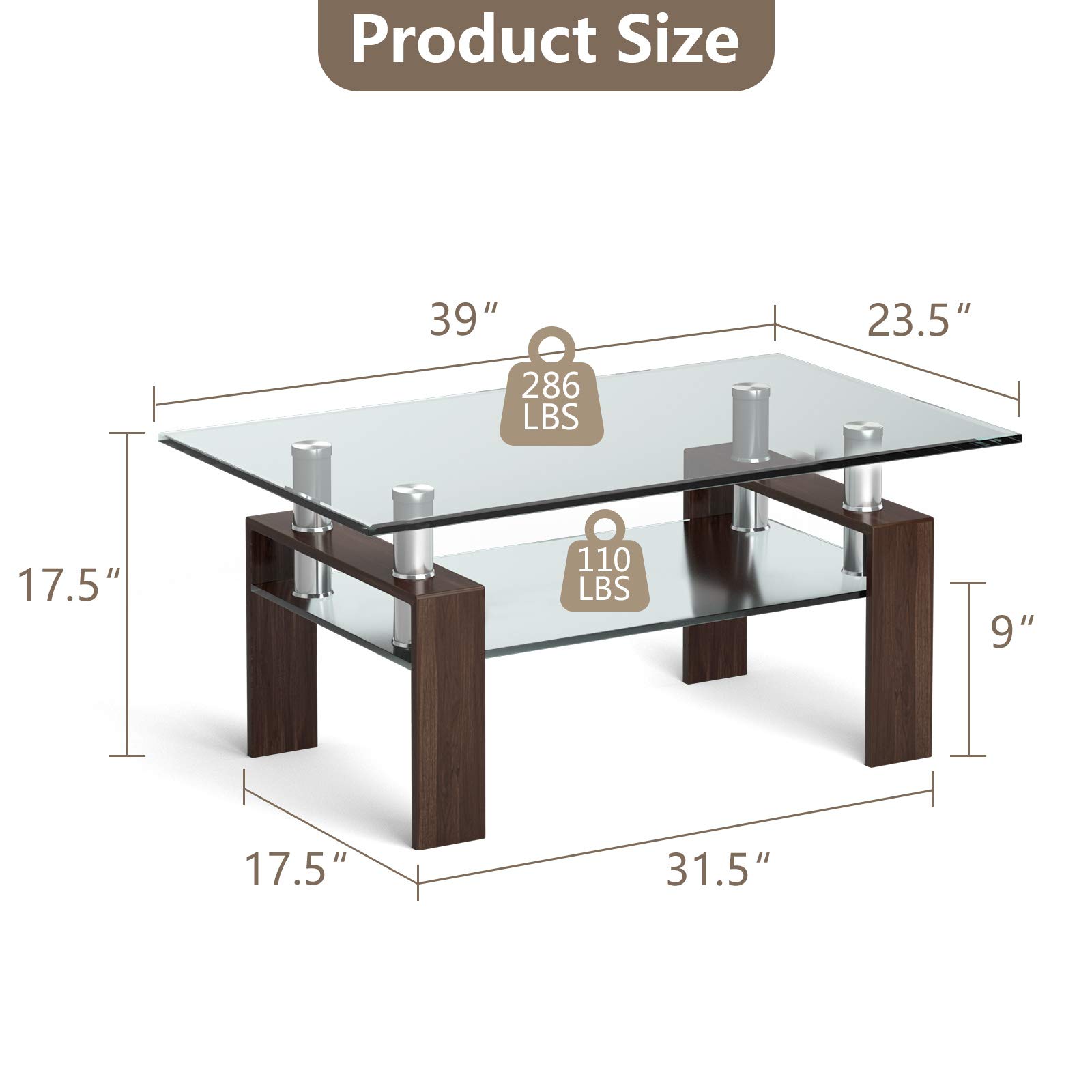 Tangkula Modern Rectangular Glass Coffee Table with Lower Shelf - Tempered Glass Top & Sturdy Metal Legs - Perfect for Living Room, Office, or Lounge (Coffee Table, Side Table)