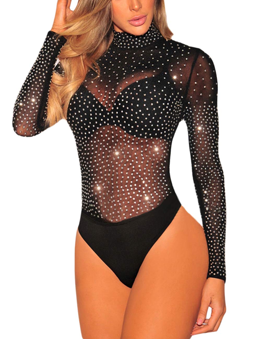 SEBOWEL Women's Long Sleeve Mesh See-Through Jumpsuit Bodysuit Top Leotard - Sexy Lingerie for Clubwear, Dance Costume & Fashion Outfits