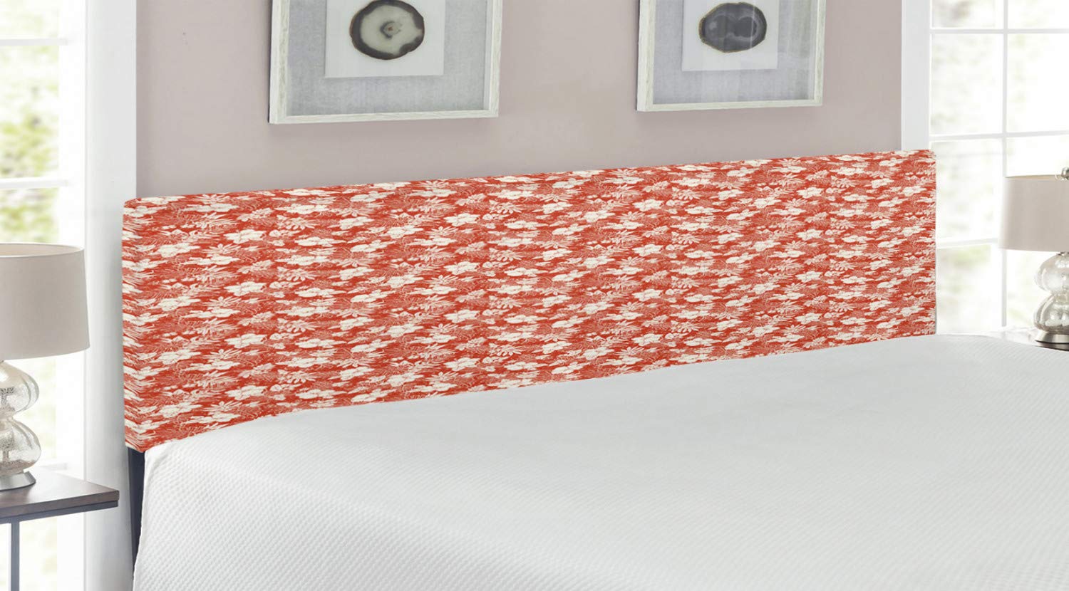 Ambesonne King Size Upholstered Metal Bed Headboard with Memory Foam - Exotic Hawaiian Jungle Blossoms & Leaves Pattern in Rust & Cream - Perfect for Tropical & Boho Bedroom Decor