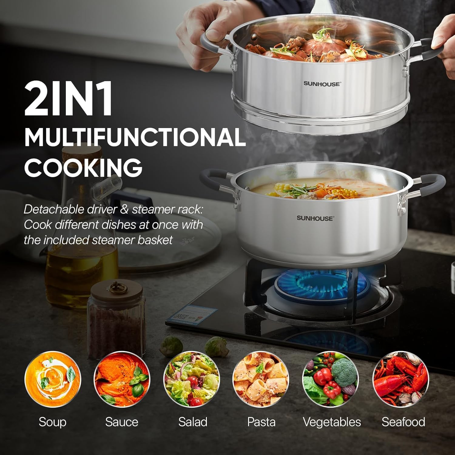 SUNHOUSE 4.6 Quart Stainless Steel Steamer Pot with Lid - 2-Tier Multipurpose Cookware for Vegetables, Dumplings, Sauces & More - Triple Bottom, Measurement Lines - Perfect for Home Cooking, Meal Prep & Healthy Eating