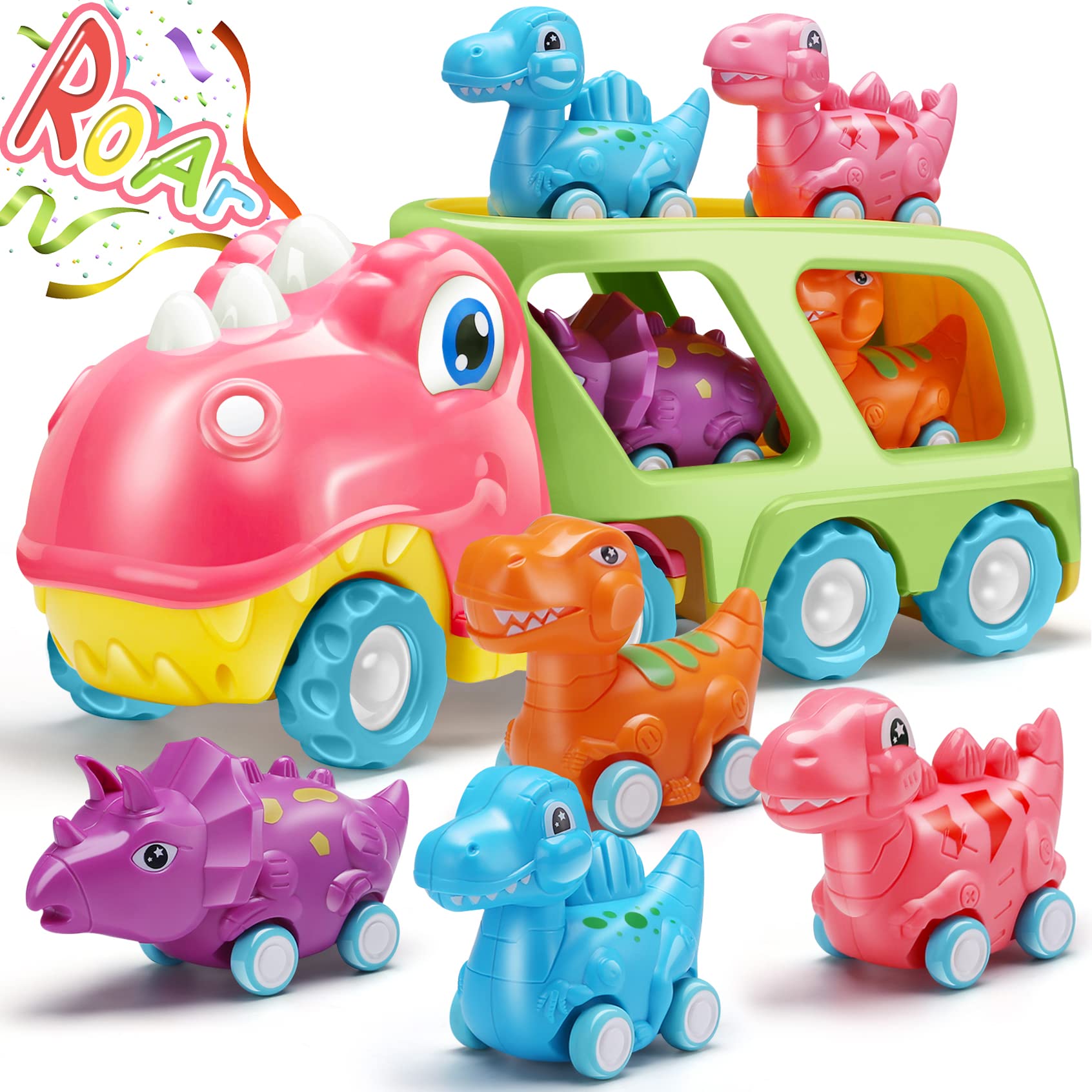 Dinosaur Car Toy for Toddler Girls - Pink Dino Carrier Truck with 4 Mini Pull Back Cars, Realistic Lights & Sounds | Educational Toys for Kids Ages 3+ | Perfect Birthday Gift & Pretend Play for Preschoolers