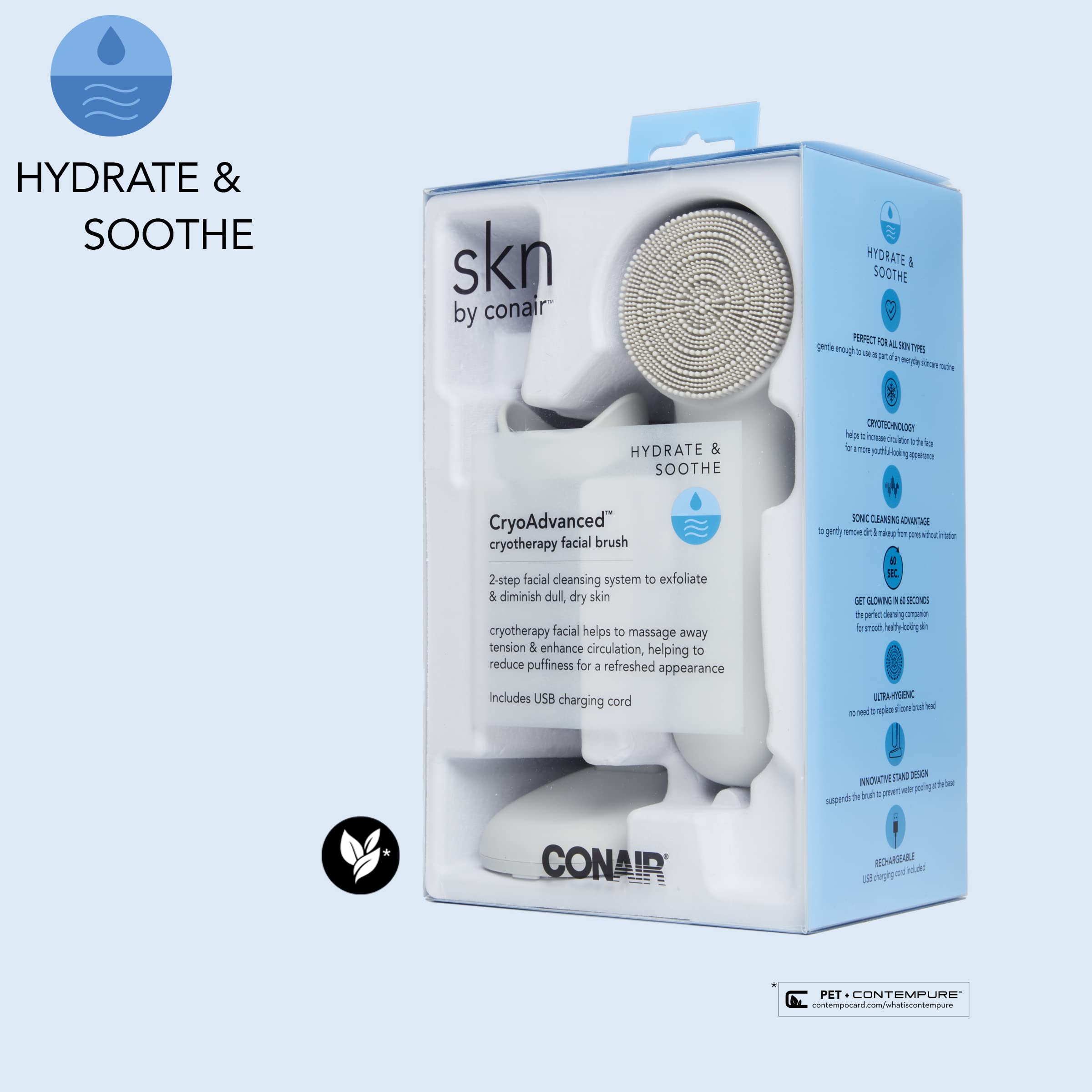 Conair Cryotherapy Advanced Facial Cleansing Brush with Ultra-Hygienic Silicone Brush Head & Cooling Plate - Reduces Puffiness, Soothes Inflammation - Perfect for Daily Skincare & Post-Workout Facial Care