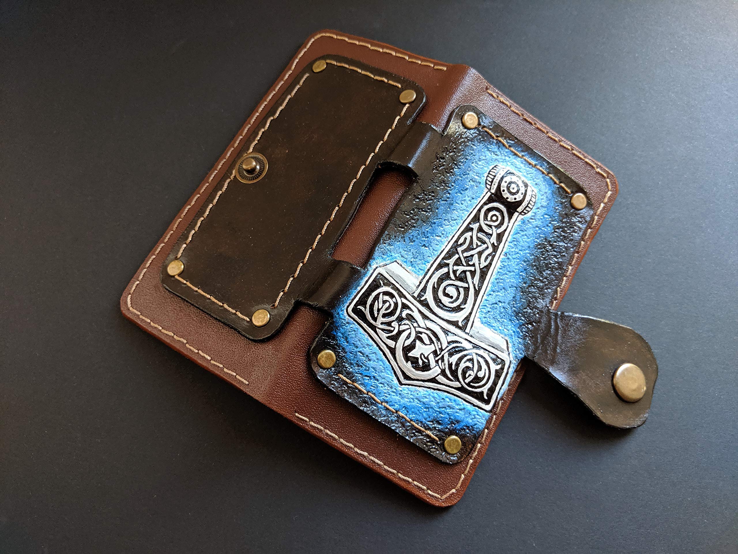 Genuine Leather Wallet Case for Apple iPhone XS/XS MAX/XR/8/8 Plus/7 Plus/6S/6 Plus/SE - 3D Carved Thor Hammer Design with Card Slots & Viewing Stand | Viking & Celtic Style | Perfect for Daily Use, Travel and Gift Giving