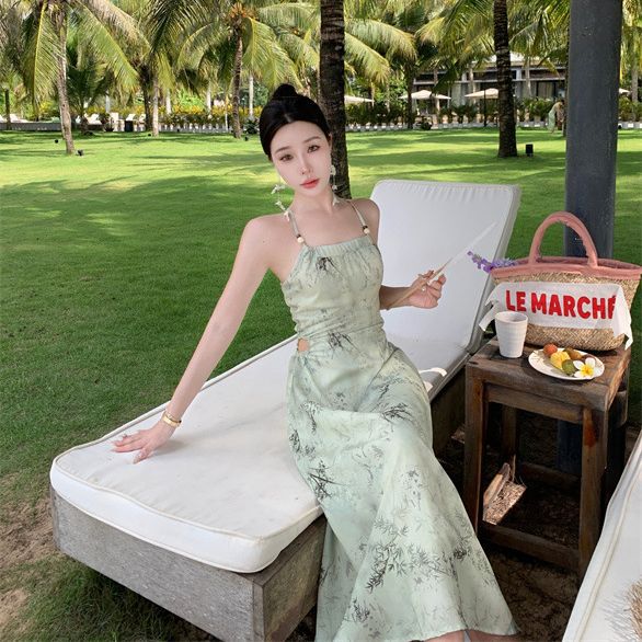 2025 New Chinese Ink Print Maxi Dress - Elegant Zen National Style Women's Long Dress with Waist Tie & Suspenders | Perfect for Boho Festivals, Date Nights & Special Occasions