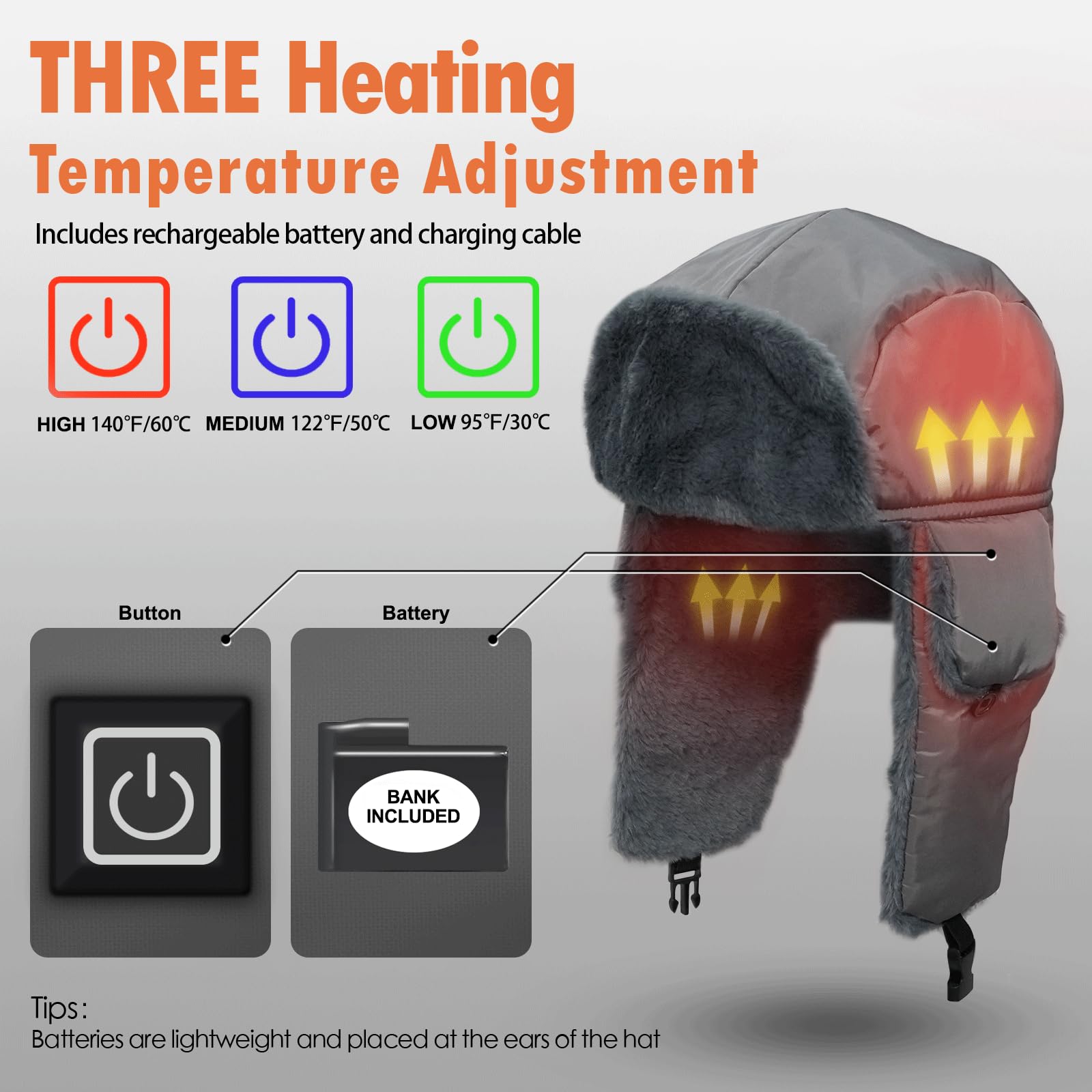 Heated Trapper Hat with 7.4V Rechargeable Battery - Warm Winter Hunting Hat for Men & Women - Faux Fur Lined Outdoor Hat for Skiing, Snowboarding & Cold Weather Activities