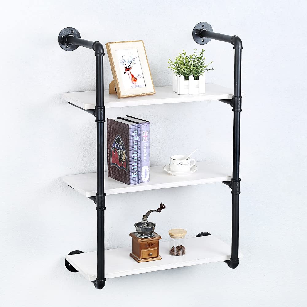 Industrial Pipe Shelving Wall Mounted - 24 Inch Rustic Metal Floating Shelves with Real Wood, Steampunk Style Bookshelves for Farmhouse & Kitchen Decor - 3-Tier Wall Shelf Unit for Books, Plants & Bar Storage