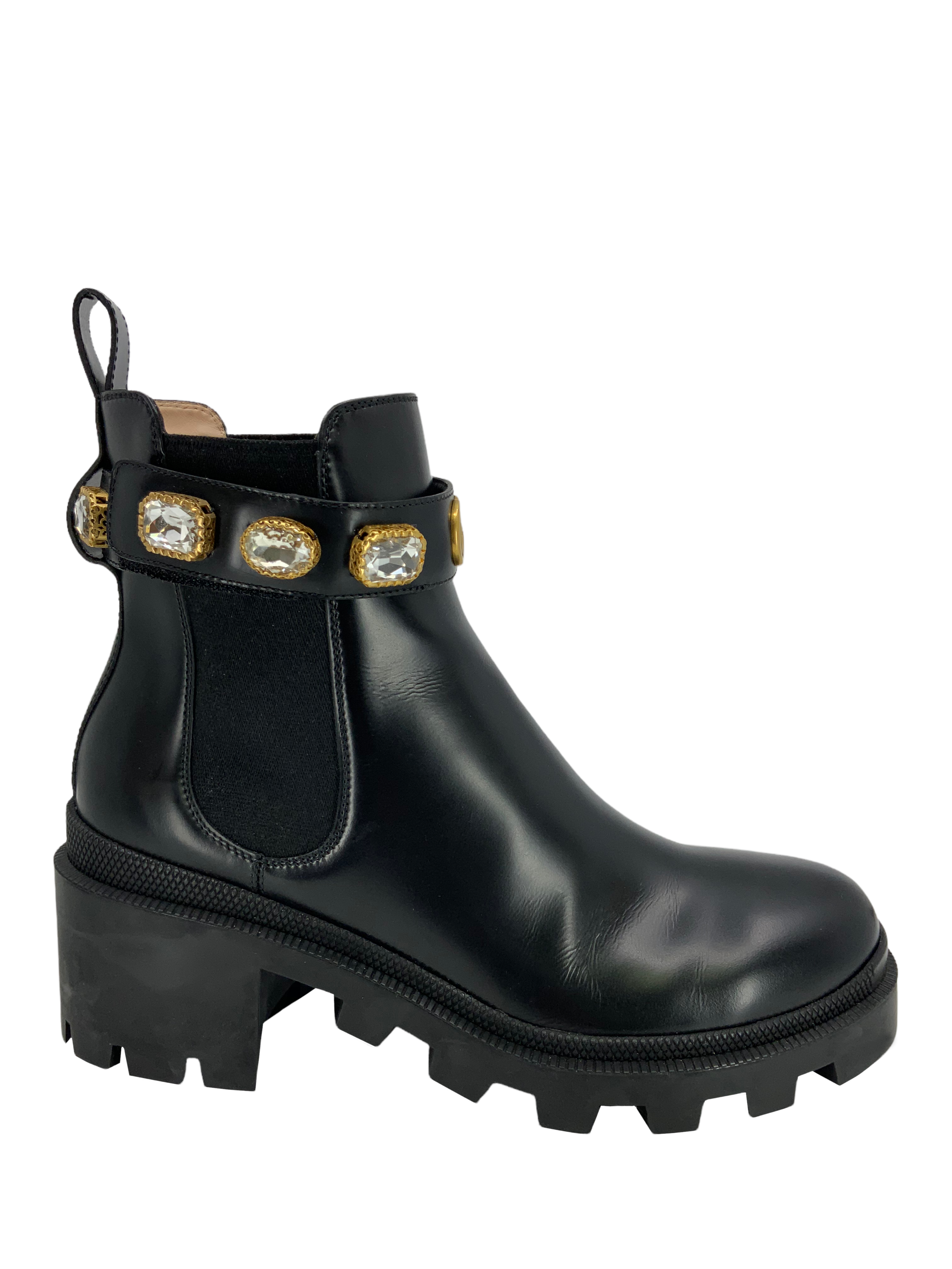 Gucci GG Logo Jewel Trip Strap Chelsea Boots for Women Size 8 - Stylish & Comfortable Ankle Boots for Fall Winter Fashion, Office Wear & Night Out